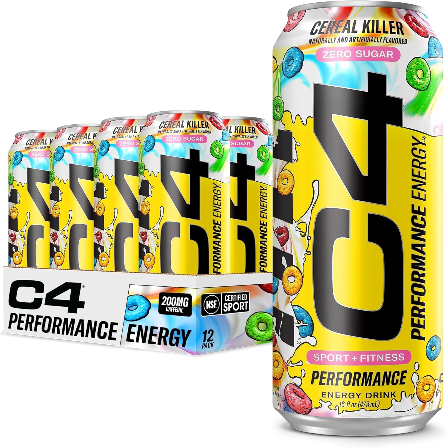 C4 Energy Carbonated Zero Sugar Energy Drink, Pre Workout Drink + Beta Alanine, Cereal Killer, 16 Fl Oz (Pack of 12)