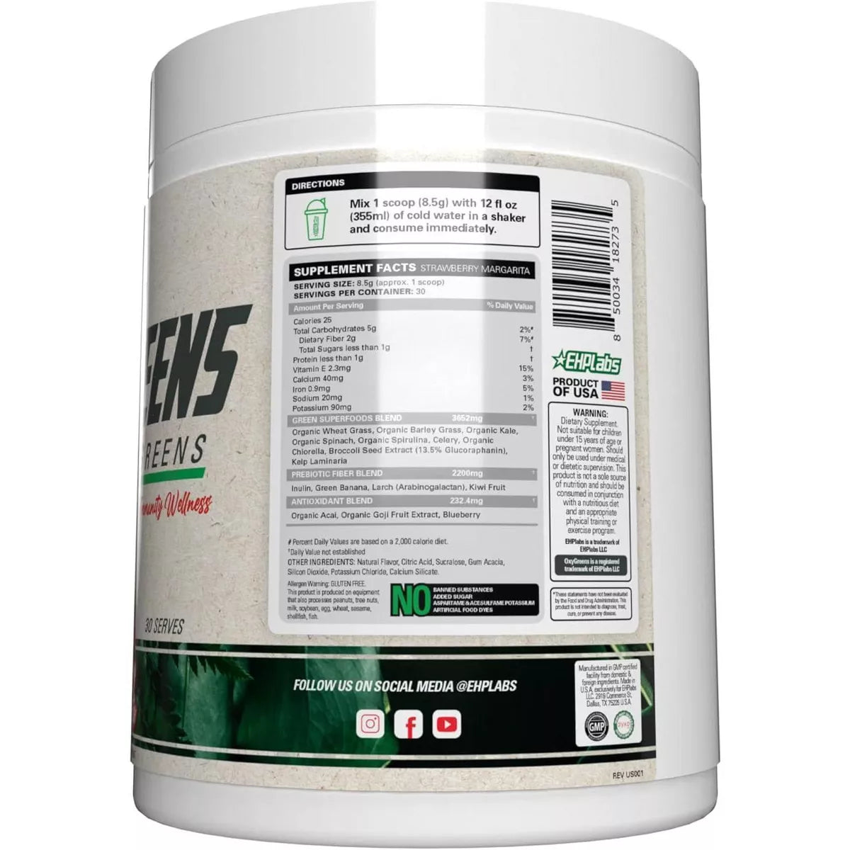 Ehplabs Oxygreens Super Greens Powder - Spirulina & Chlorella Superfood, Green Juice Powder & Greens Supplements, 30 Serves (Strawb. Margarita)