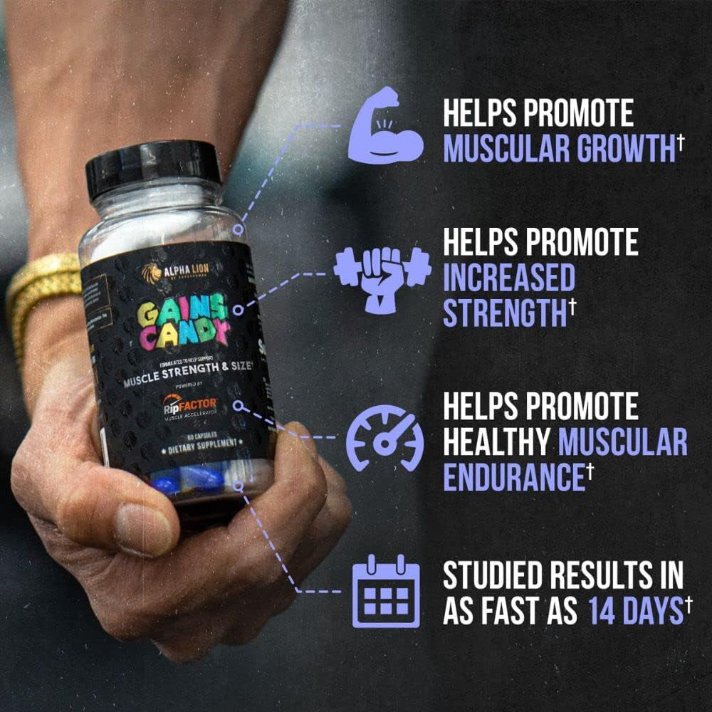 Gains Candy, Supplement Pills for Muscle Growth, Size, & Strength, Nitric Oxide Booster, Muscle Builder, Use Daily to Upgrade Energy & Workout Performance, 60 Capsules (Ripfactor®)