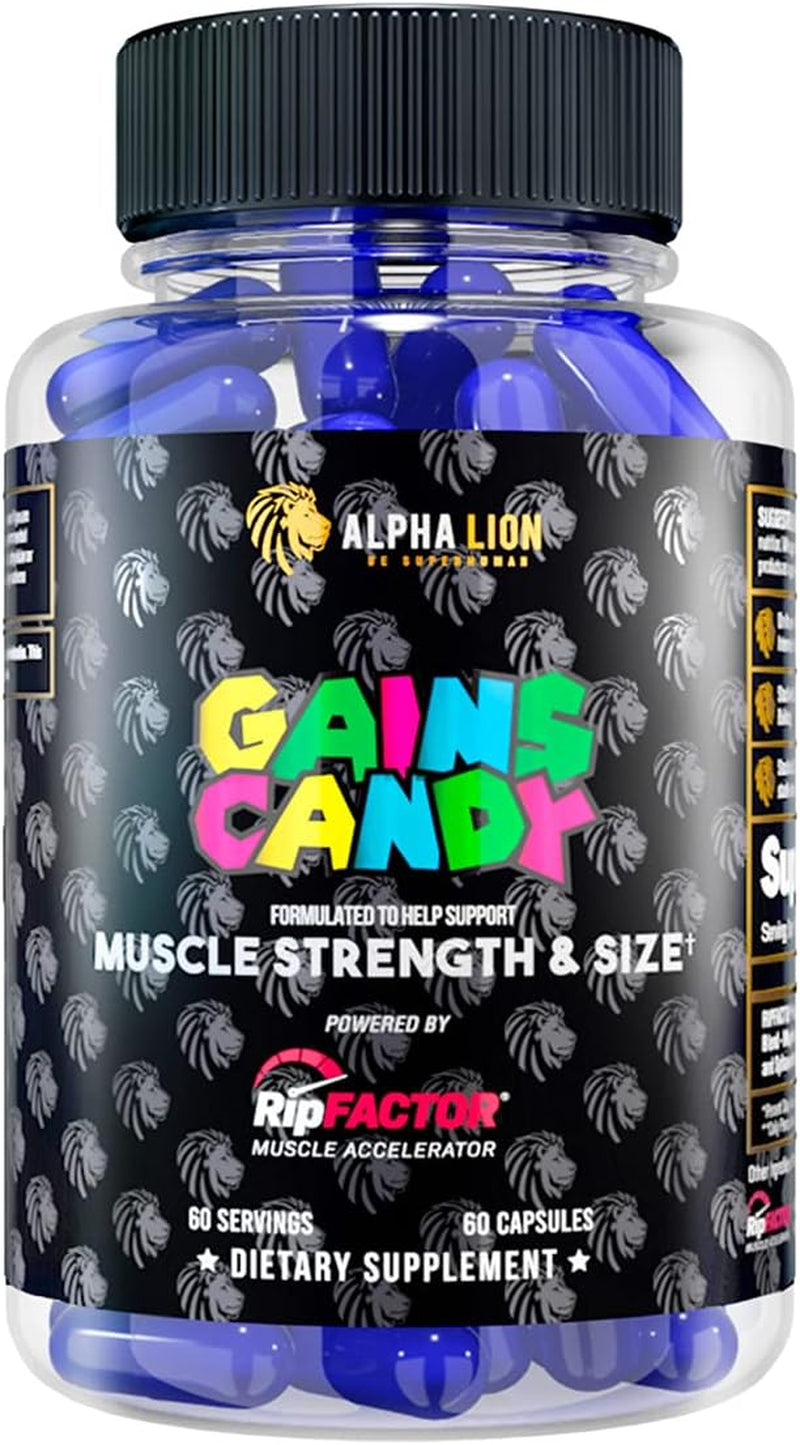 Gains Candy, Supplement Pills for Muscle Growth, Size, & Strength, Nitric Oxide Booster, Muscle Builder, Use Daily to Upgrade Energy & Workout Performance, 60 Capsules (Ripfactor®)