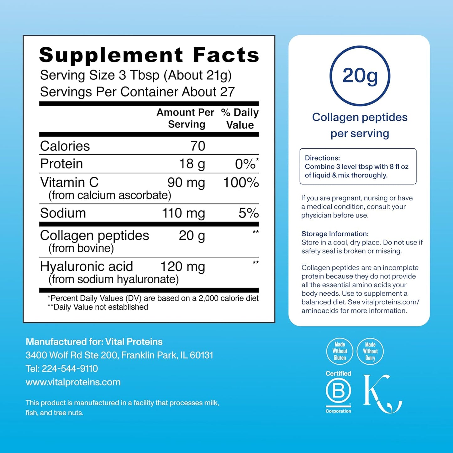 Collagen Peptides Powder Advanced with Hyaluronic Acid & Vitamin C - 20Oz Collagen Protein, Unflavored, 27 Servings