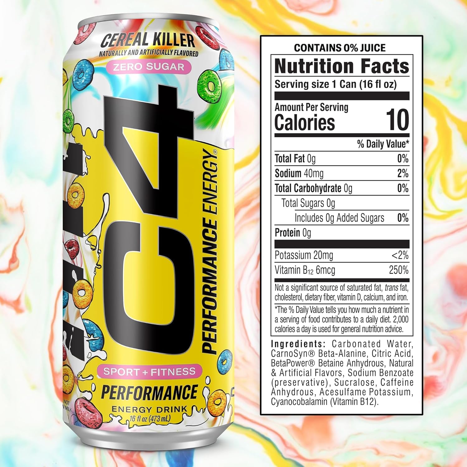 C4 Energy Carbonated Zero Sugar Energy Drink, Pre Workout Drink + Beta Alanine, Cereal Killer, 16 Fl Oz (Pack of 12)