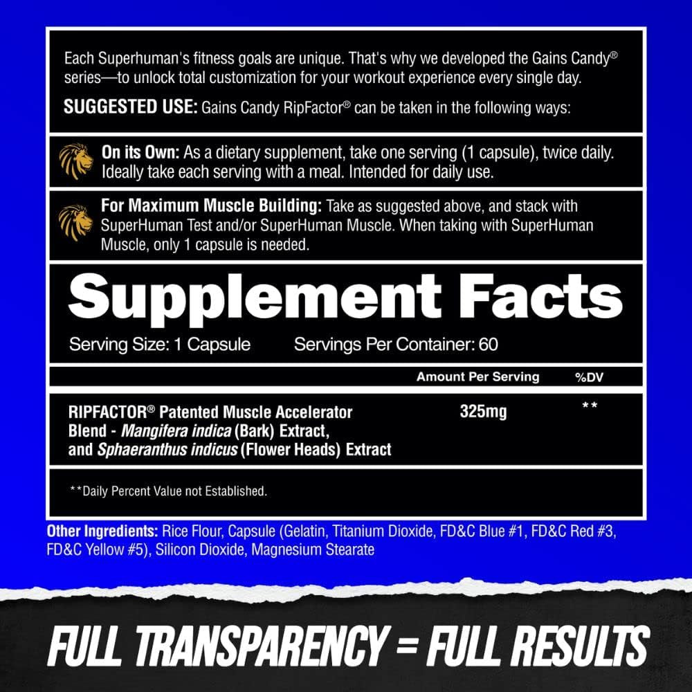 Gains Candy, Supplement Pills for Muscle Growth, Size, & Strength, Nitric Oxide Booster, Muscle Builder, Use Daily to Upgrade Energy & Workout Performance, 60 Capsules (Ripfactor®)