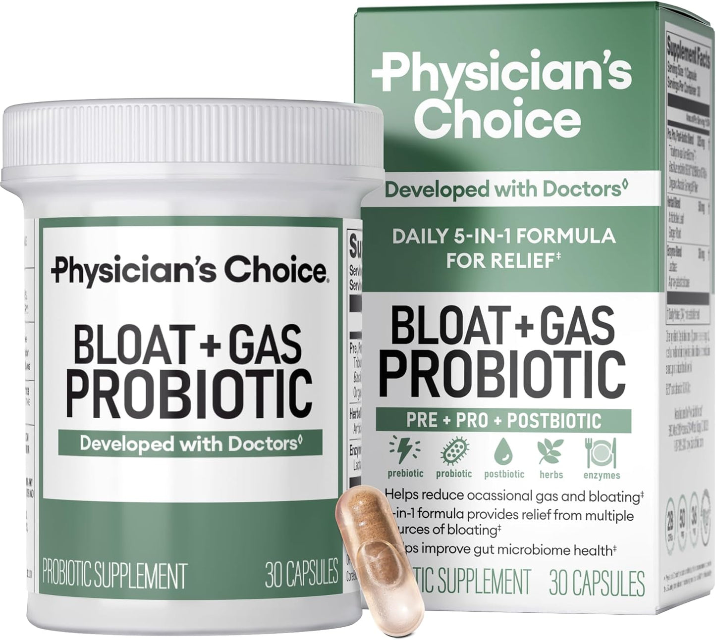 Bloat & Gas Probiotic 5-In-1 Proactive Support + Daily Relief - Digestion & Gut Health- Herbals, Digestive Enzymes, Post & Prebiotics - Gas Relief for Adults - Women & Men - 30Ct