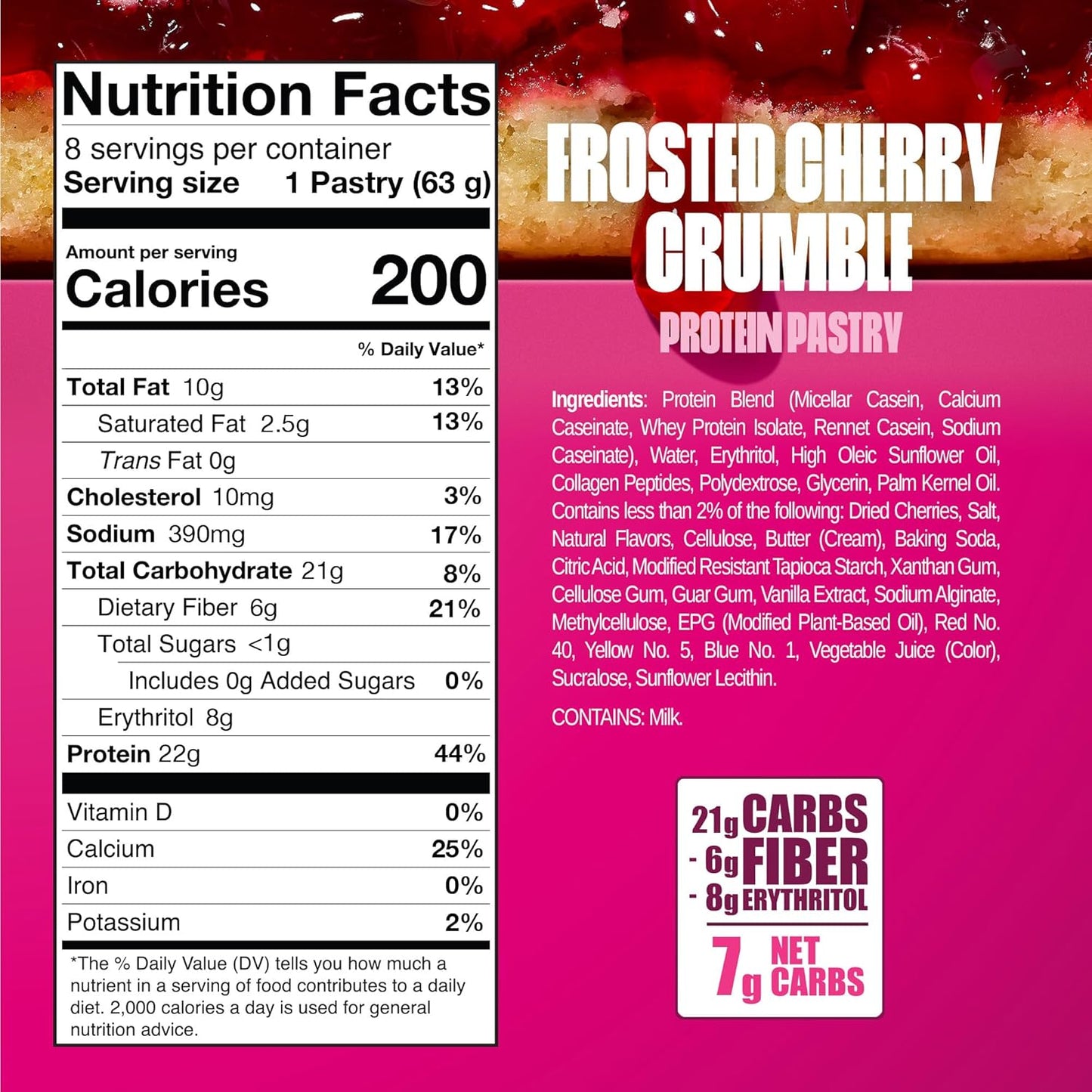 22G Protein Pastry+ Cherry, Low Carb Meal Replacement Bar - Low Glycemic, Gluten Free Protien Snacks - Healthy Keto Snack Box 8 Zero Sugar Energy Bars - Bariatric Diabetic Friendly