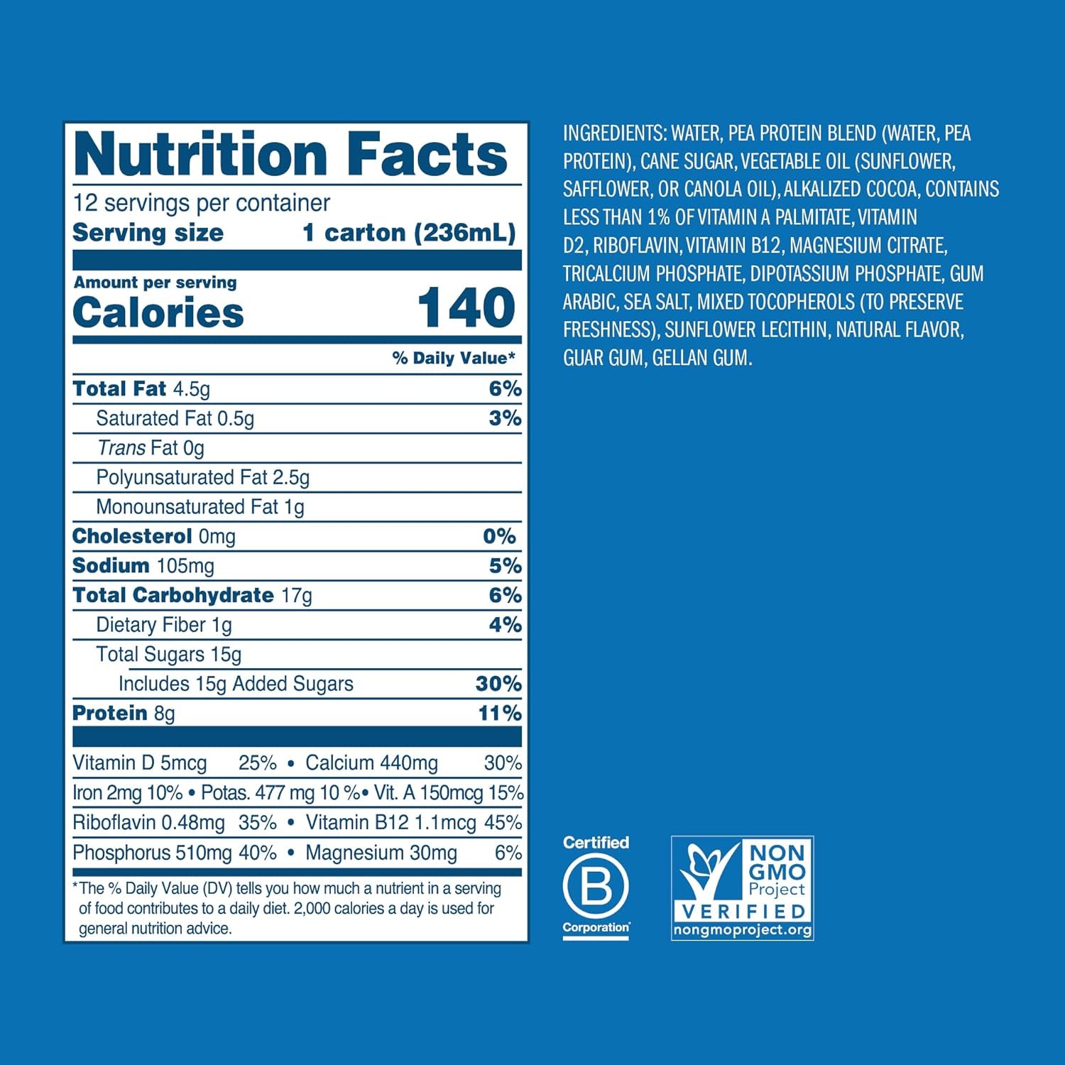 Non-Dairy Milk, Chocolate| Vegan Milk with 8G Pea Protein | Shelf Stable Single Serve Cartons | On-The-Go | Non-Gmo, Plant Based, Gluten Free | 8 Oz, 12 Pack