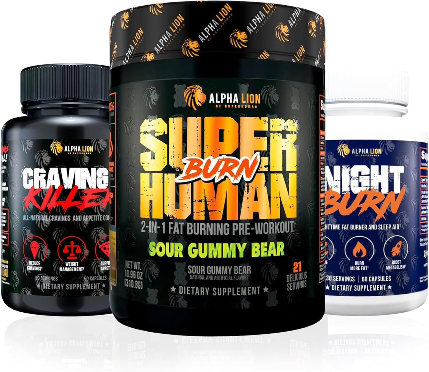 Alpha Lion Dad Bod Destroyer Stack – Superhuman Burn (Sour Gummy Bear) + Cravings Killer + Night Burn