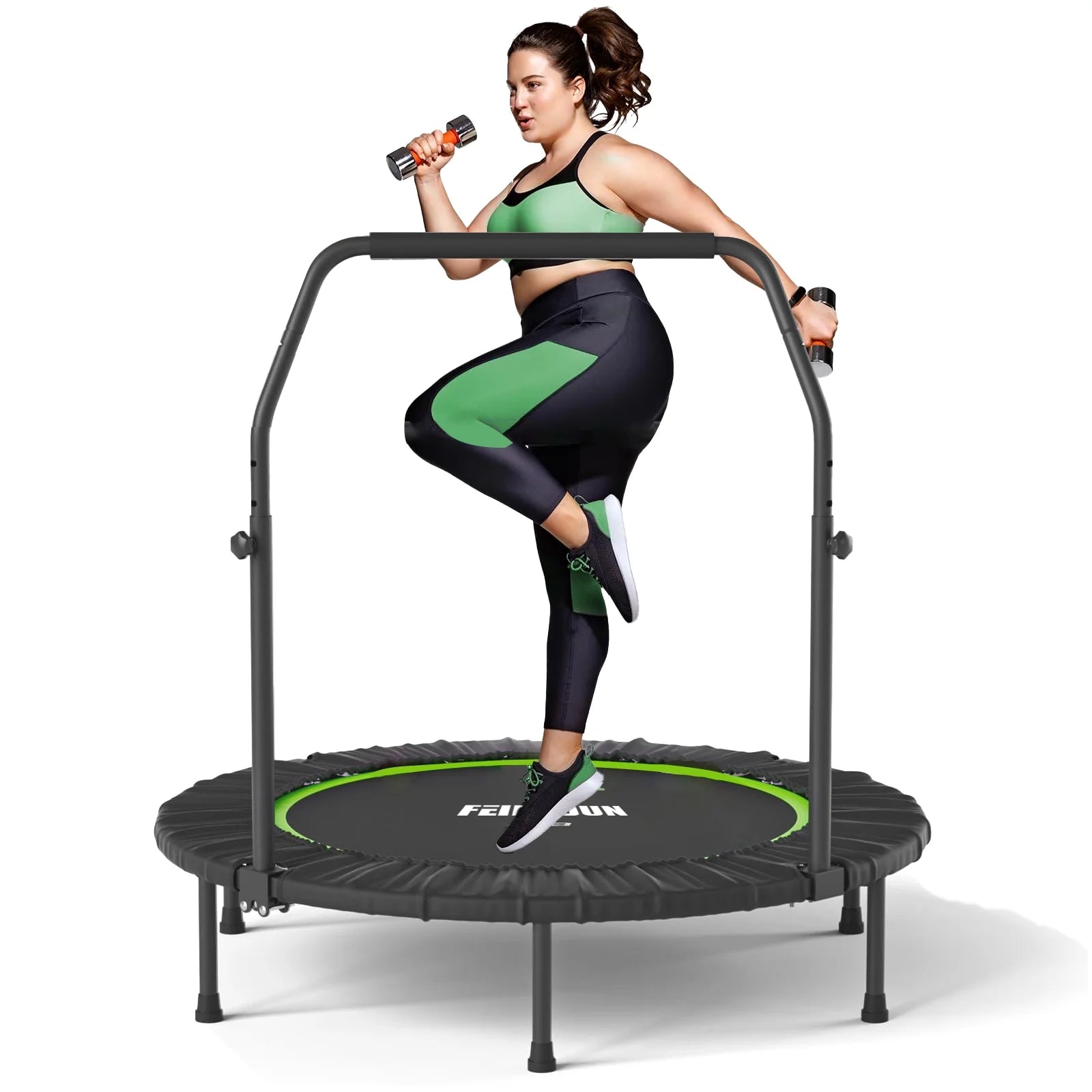 40" Foldable Trampoline, Fitness Rebounder with Adjustable Foam Handle, Exercise Trampoline for Adults/Kids Indoor/Garden Workout Max Load 330Lbs