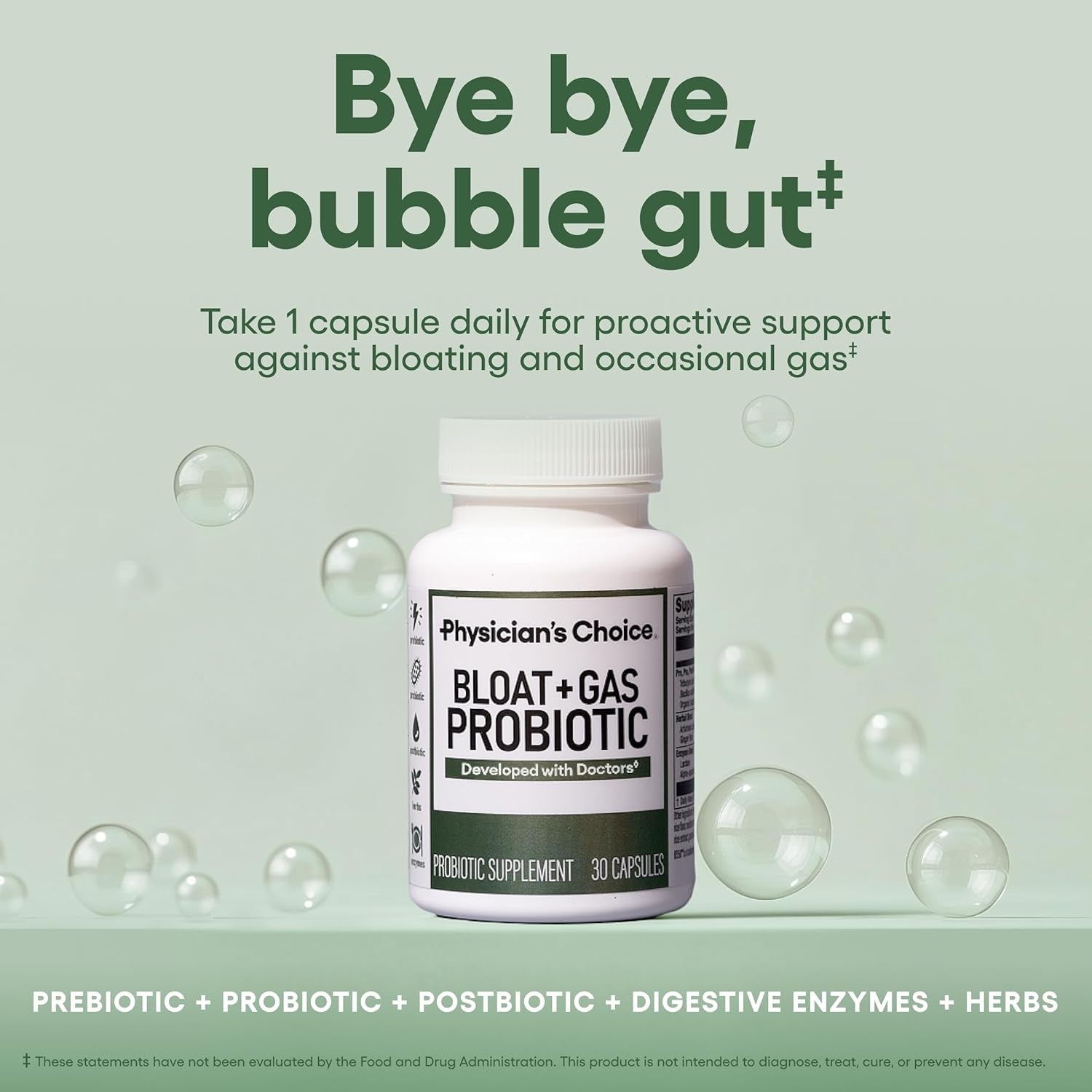 Bloat & Gas Probiotic 5-In-1 Proactive Support + Daily Relief - Digestion & Gut Health- Herbals, Digestive Enzymes, Post & Prebiotics - Gas Relief for Adults - Women & Men - 30Ct