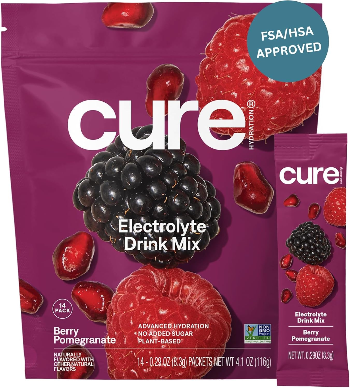 | Plant-Based Electrolyte Drink Mix | No Added Sugar | FSA-HSA | Dehydration Relief Powder Made with Coconut Water | Non-Gmo | Vegan | Pouch of 14 Packets - Berry Pomegranate