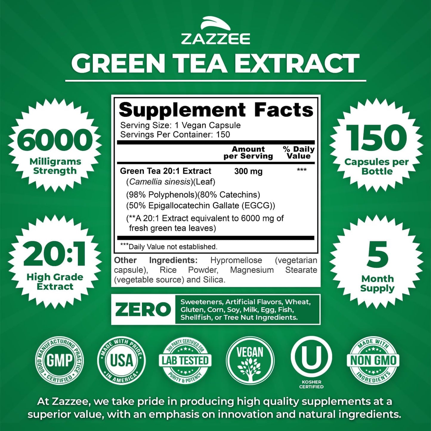 Extra Strength Green Tea 20:1 Extract, 6000 Mg Strength, 50% EGCG, 98% Polyphenols and 80% Catcehins, 150 Vegan Capsules, 5 Month Supply, Standardized and Concentrated 20X Potency, Non-Gmo