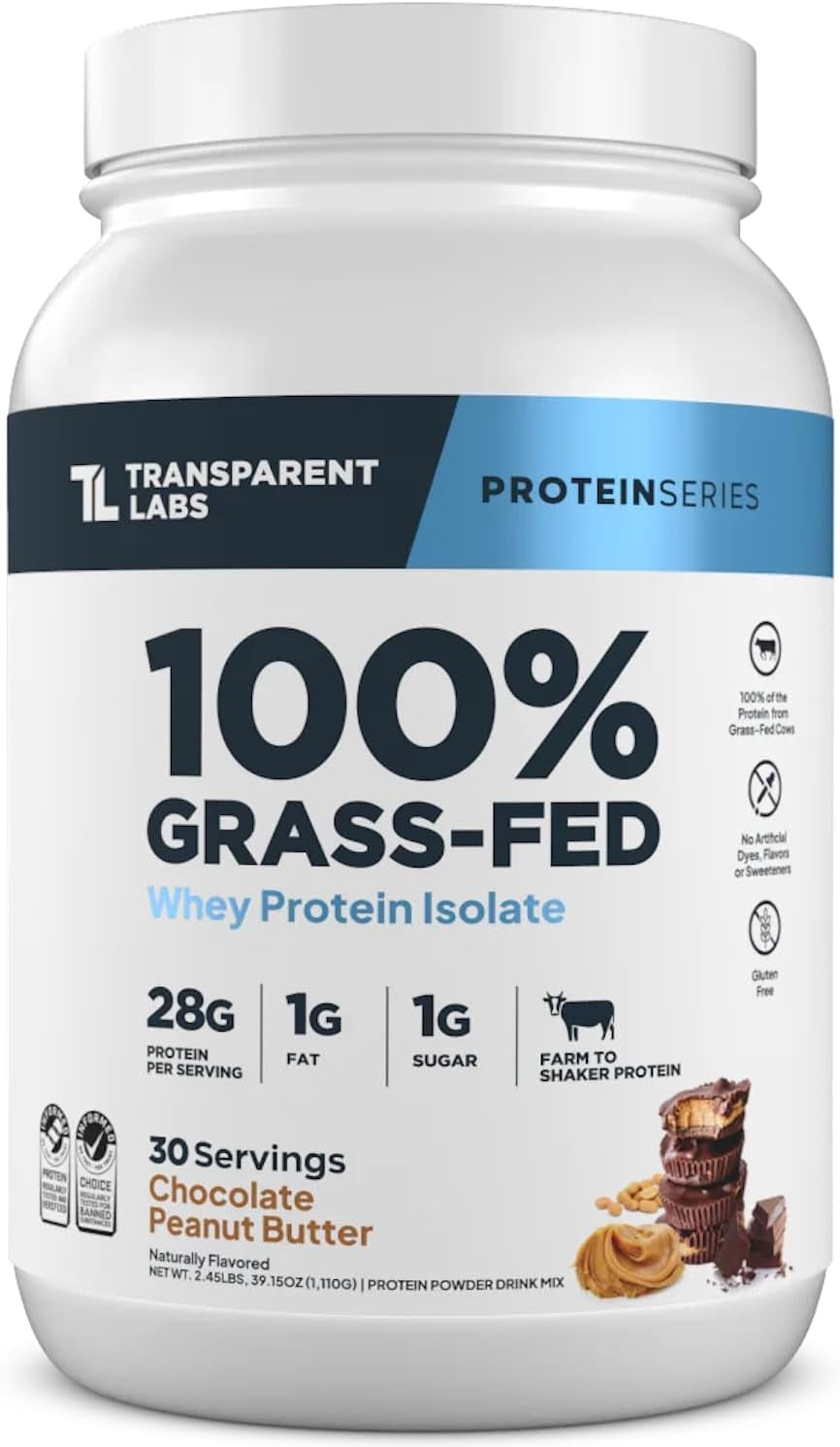 Grass-Fed Whey Protein Isolate - Naturally Flavored, Gluten Free Whey Protein Powder with 28G of Protein per Serving & 9 Amino Acids - 30 Servings, Chocolate Peanut Butter