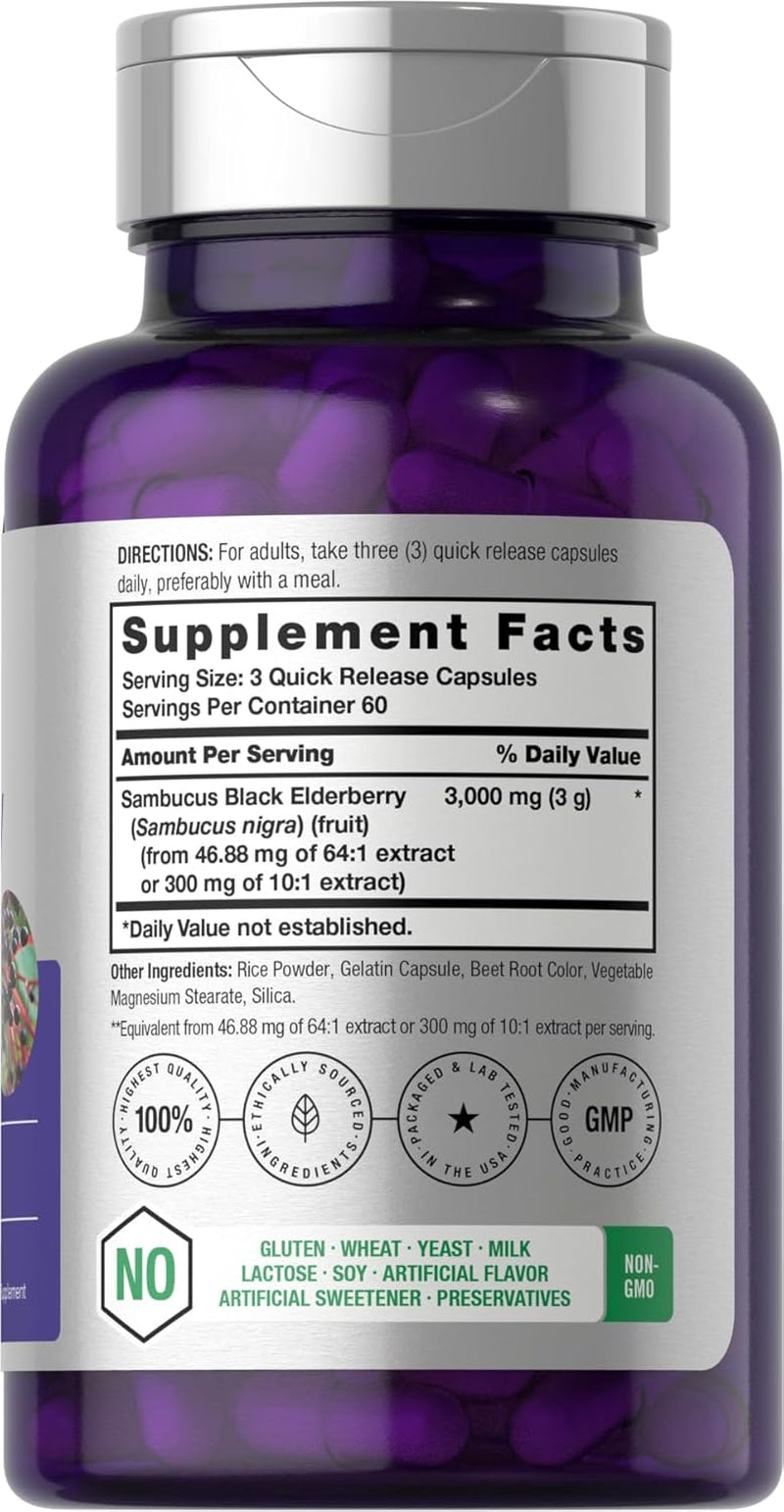 Black Elderberry | 3000Mg Capsules | 180 Count | Non-Gmo, Gluten Free | Sambucus Extract Supplement