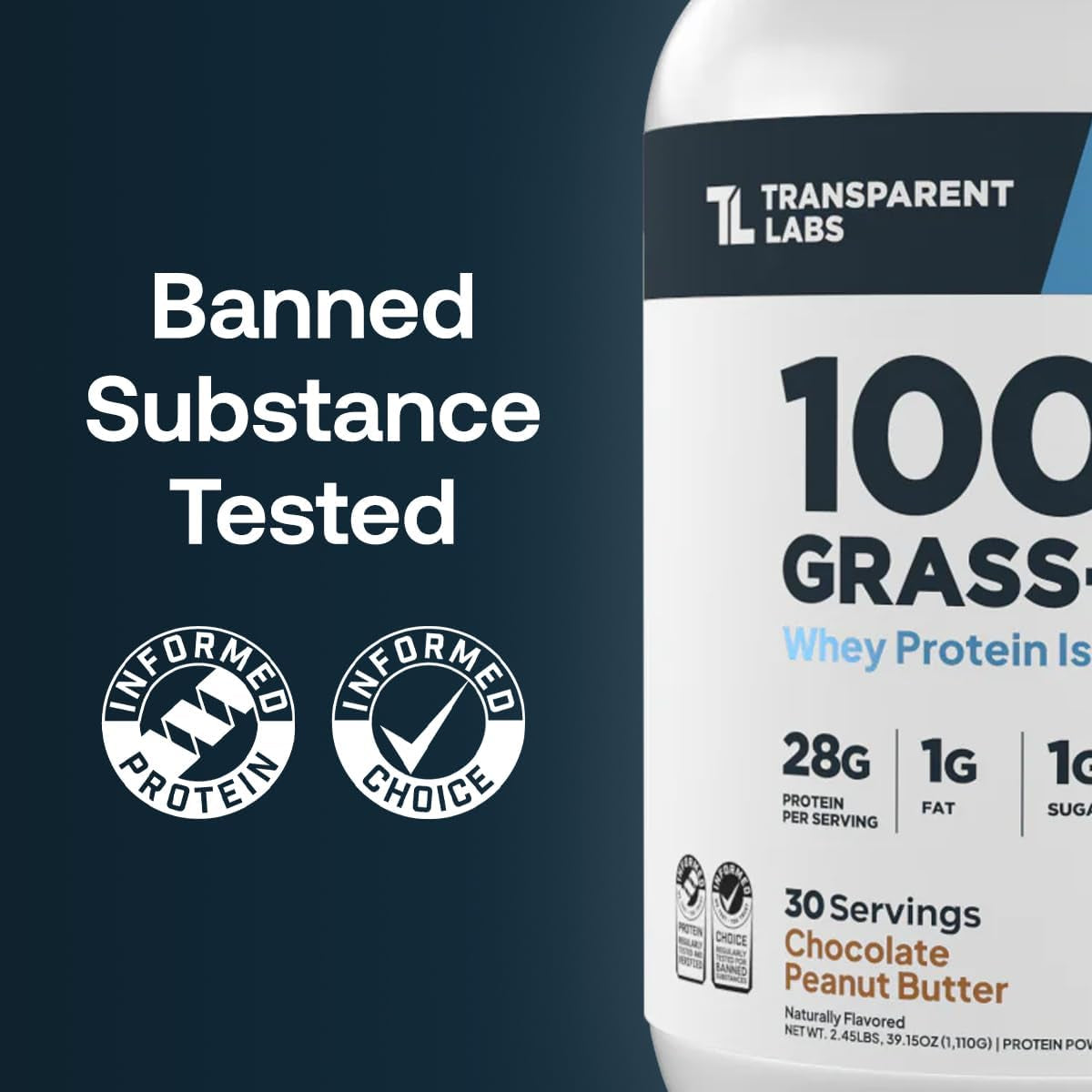 Grass-Fed Whey Protein Isolate - Naturally Flavored, Gluten Free Whey Protein Powder with 28G of Protein per Serving & 9 Amino Acids - 30 Servings, Chocolate Peanut Butter