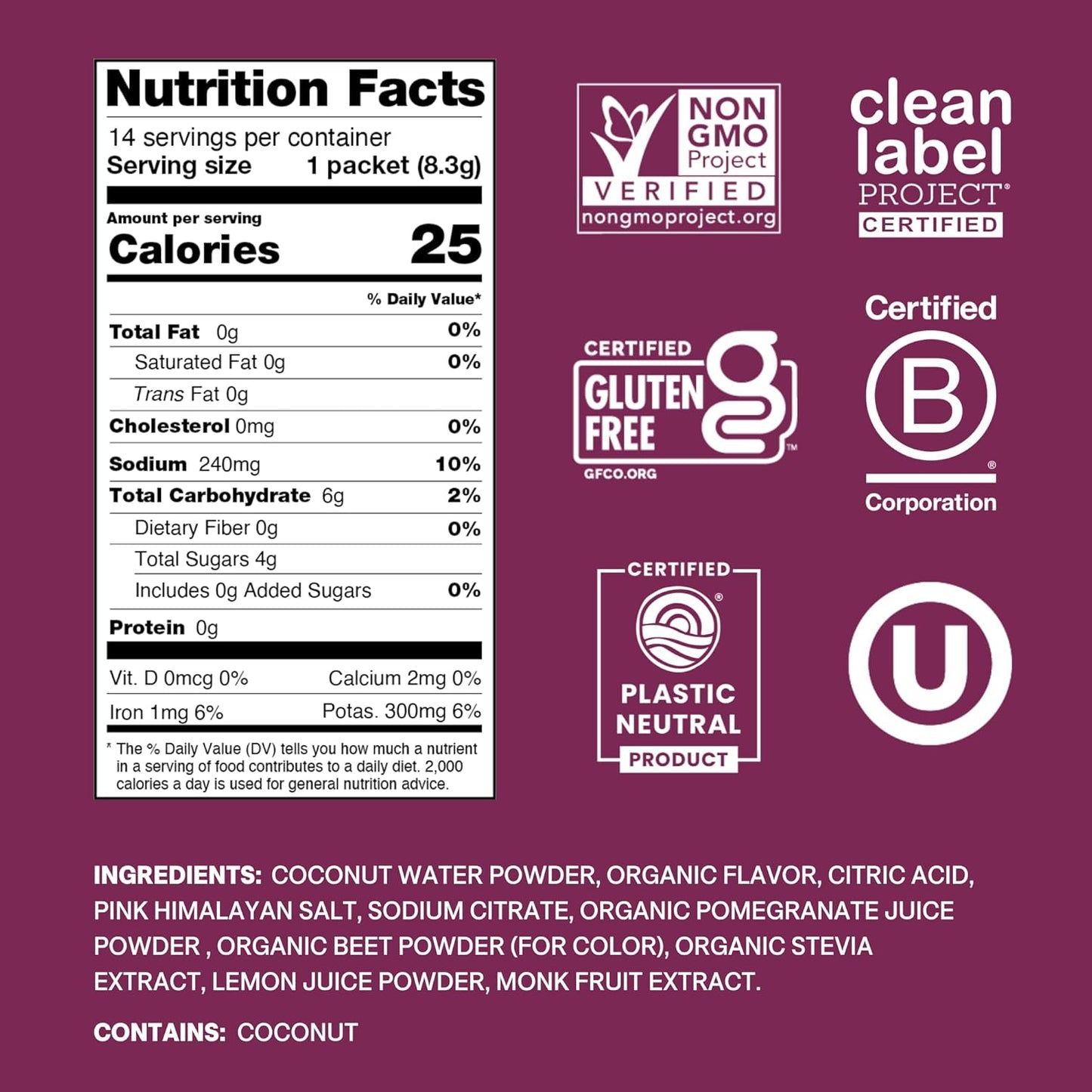 | Plant-Based Electrolyte Drink Mix | No Added Sugar | FSA-HSA | Dehydration Relief Powder Made with Coconut Water | Non-Gmo | Vegan | Pouch of 14 Packets - Berry Pomegranate