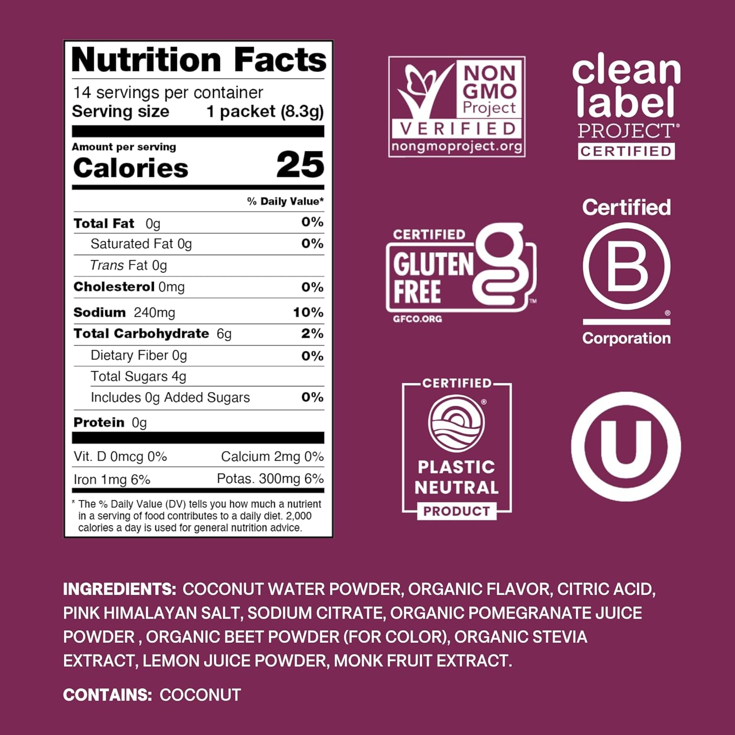 | Plant-Based Electrolyte Drink Mix | No Added Sugar | FSA-HSA | Dehydration Relief Powder Made with Coconut Water | Non-Gmo | Vegan | Pouch of 14 Packets - Berry Pomegranate