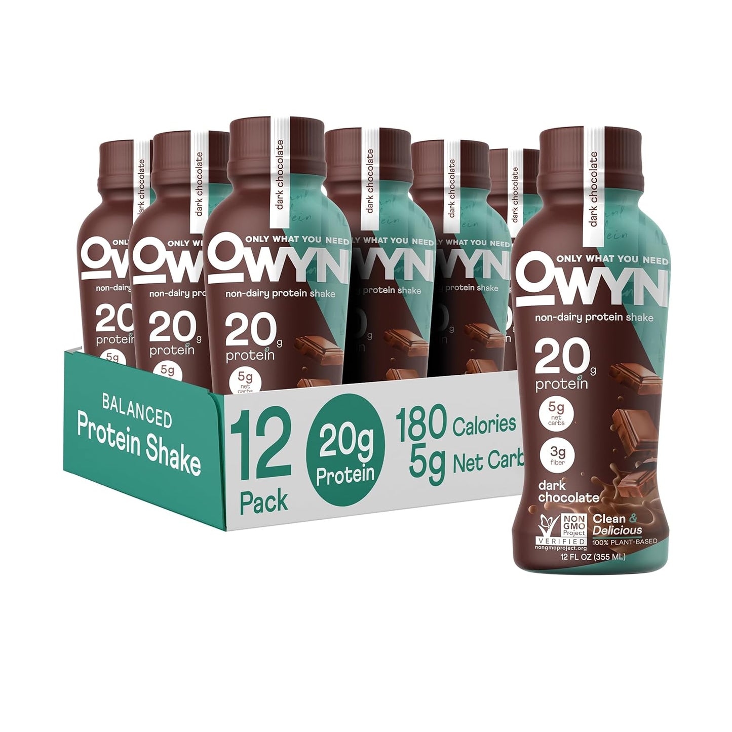 Plant Based Protein Shake, Dark Chocolate, 20G Vegan Protein from Organic Pumpkin Seed, Flax, Pea Blend, Omega-3, Prebiotic Supplements, Gluten and Soy-Free, (12 Pack)