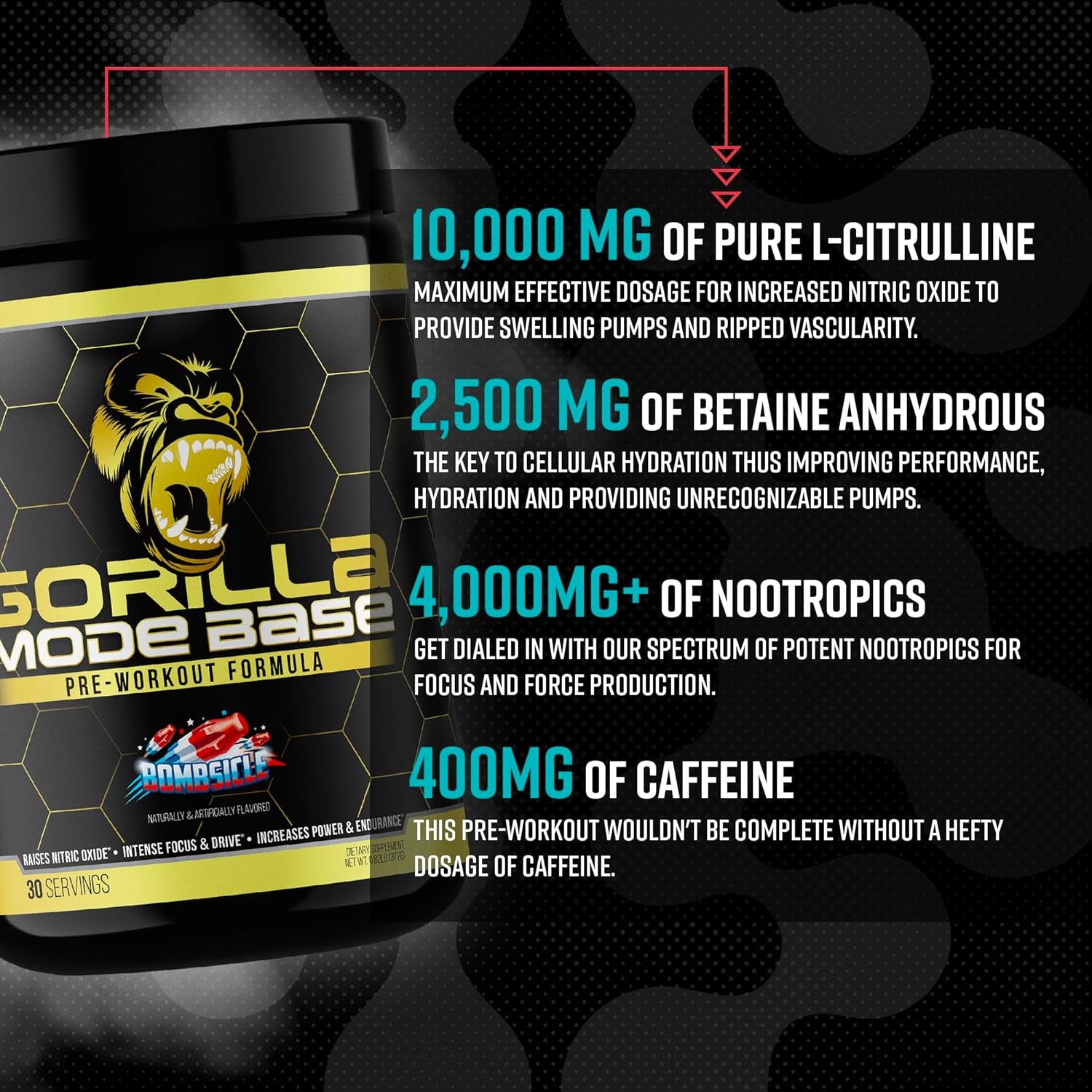 Base Pre Workout - Raises Nitric Oxide Intense Focus & Drive Endurance Power - L-Citrulline, L-Tyrosine, Betaine, Alpha-Gpc, Caffeine, Huperzine a - 360 Grams (Bombsicle)