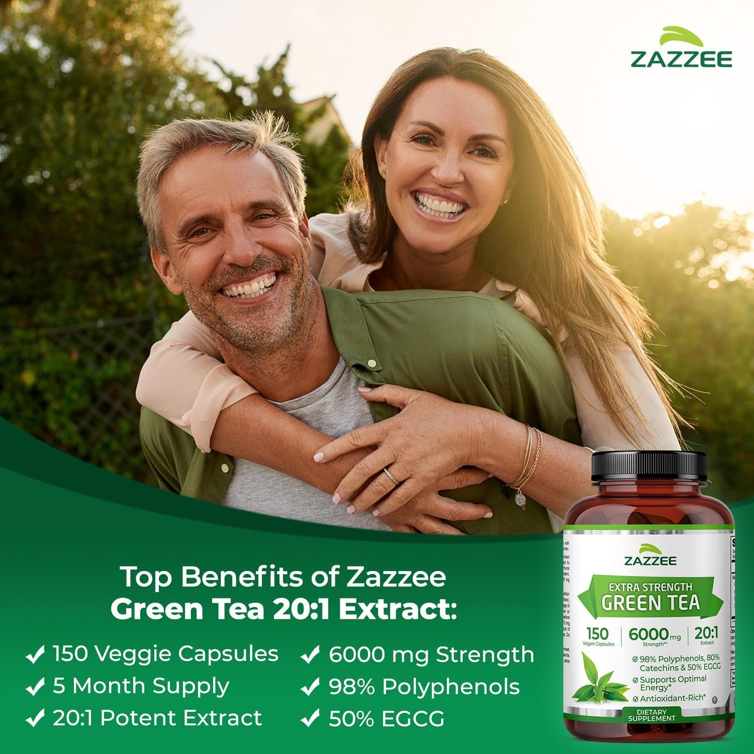 Extra Strength Green Tea 20:1 Extract, 6000 Mg Strength, 50% EGCG, 98% Polyphenols and 80% Catcehins, 150 Vegan Capsules, 5 Month Supply, Standardized and Concentrated 20X Potency, Non-Gmo