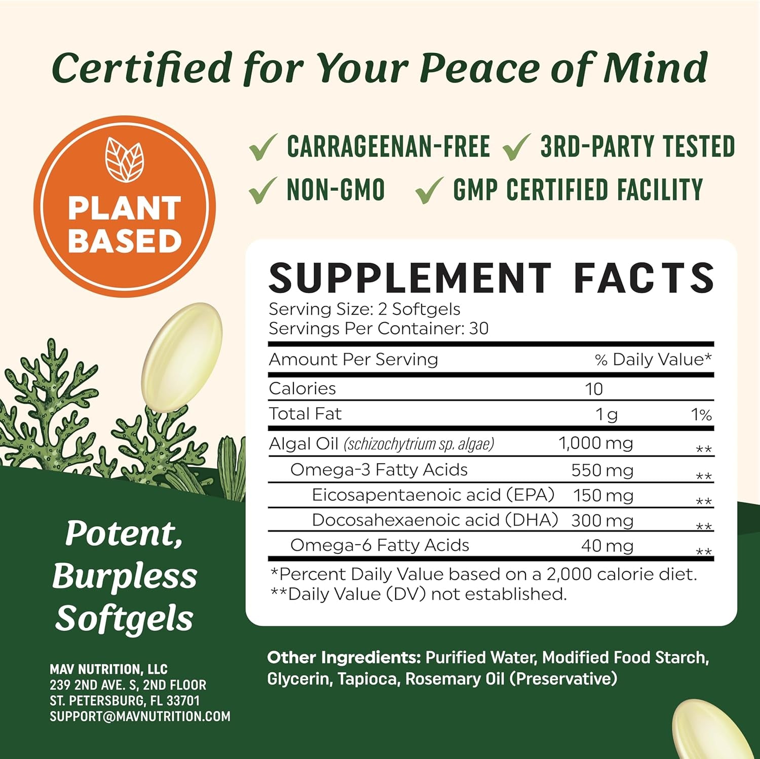 MAV Nutrition Vegan Omega 3 Algae Oil Capsules