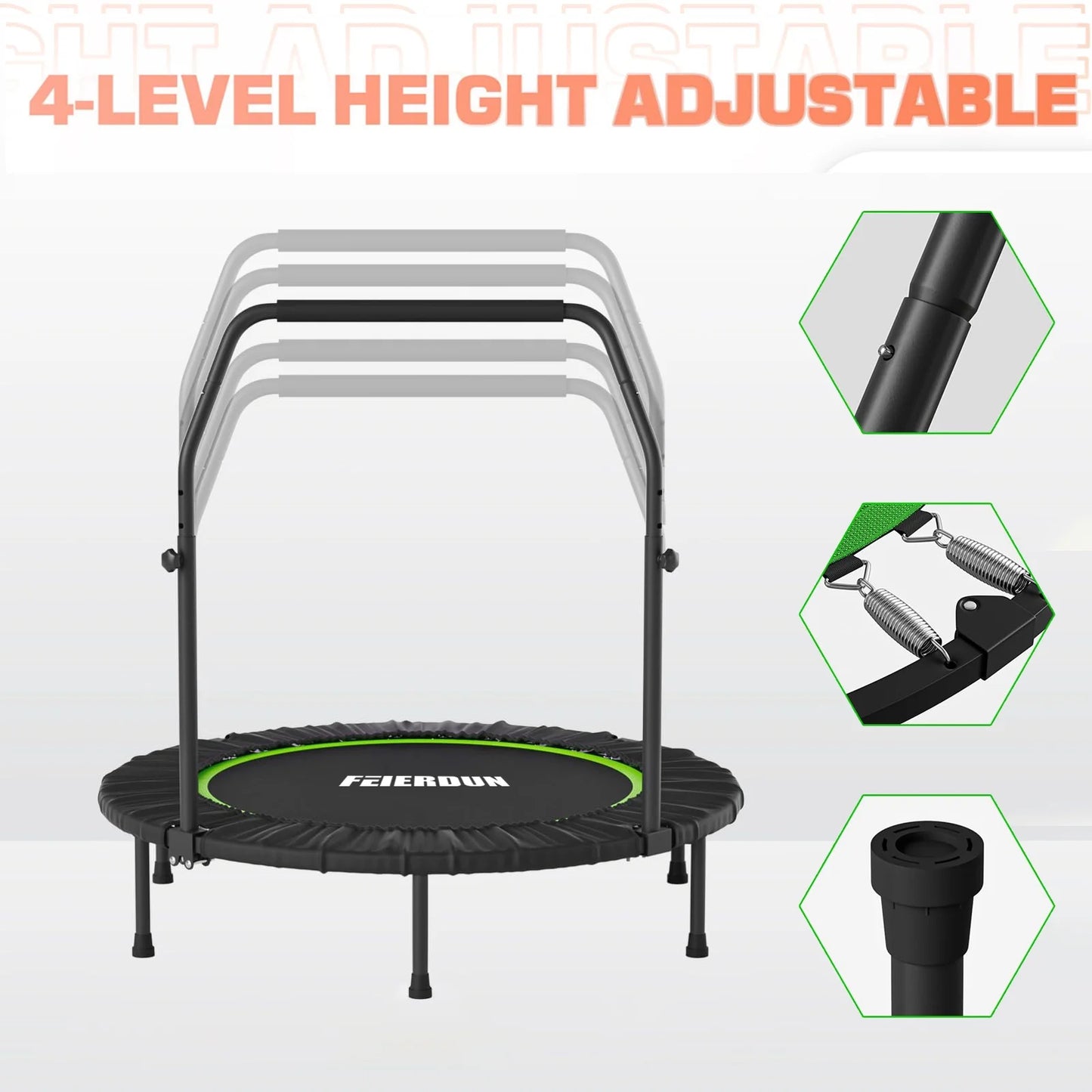 40" Foldable Trampoline, Fitness Rebounder with Adjustable Foam Handle, Exercise Trampoline for Adults/Kids Indoor/Garden Workout Max Load 330Lbs