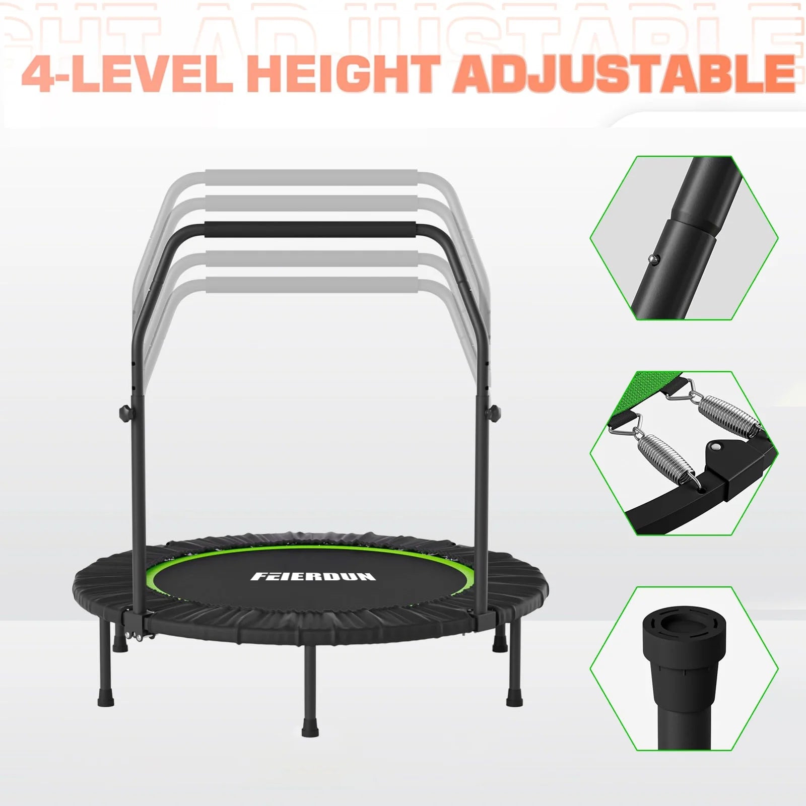 40" Foldable Trampoline, Fitness Rebounder with Adjustable Foam Handle, Exercise Trampoline for Adults/Kids Indoor/Garden Workout Max Load 330Lbs