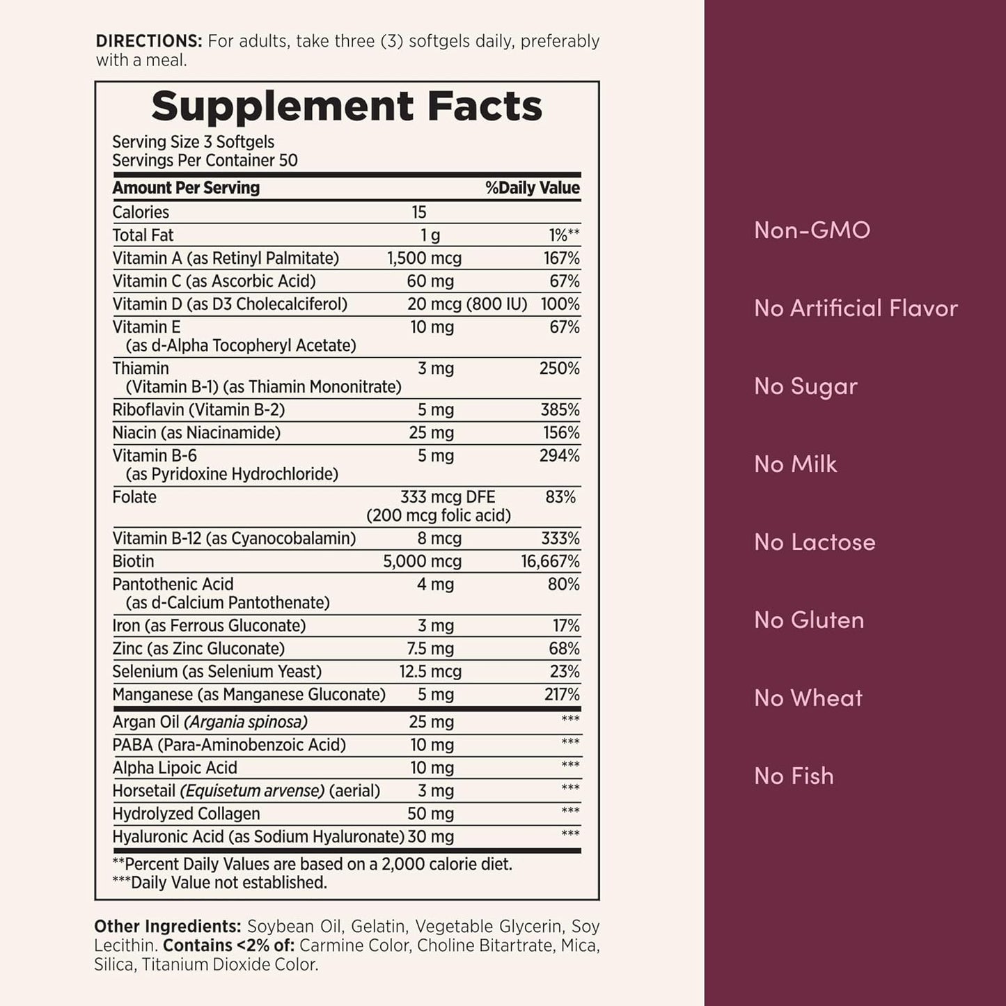 Advanced Hair, Skin & Nails, Argan-Infused Vitamin Supplement with Biotin and Hyaluronic Acid, 150 Rapid Release Softgels, 50 Total Servings