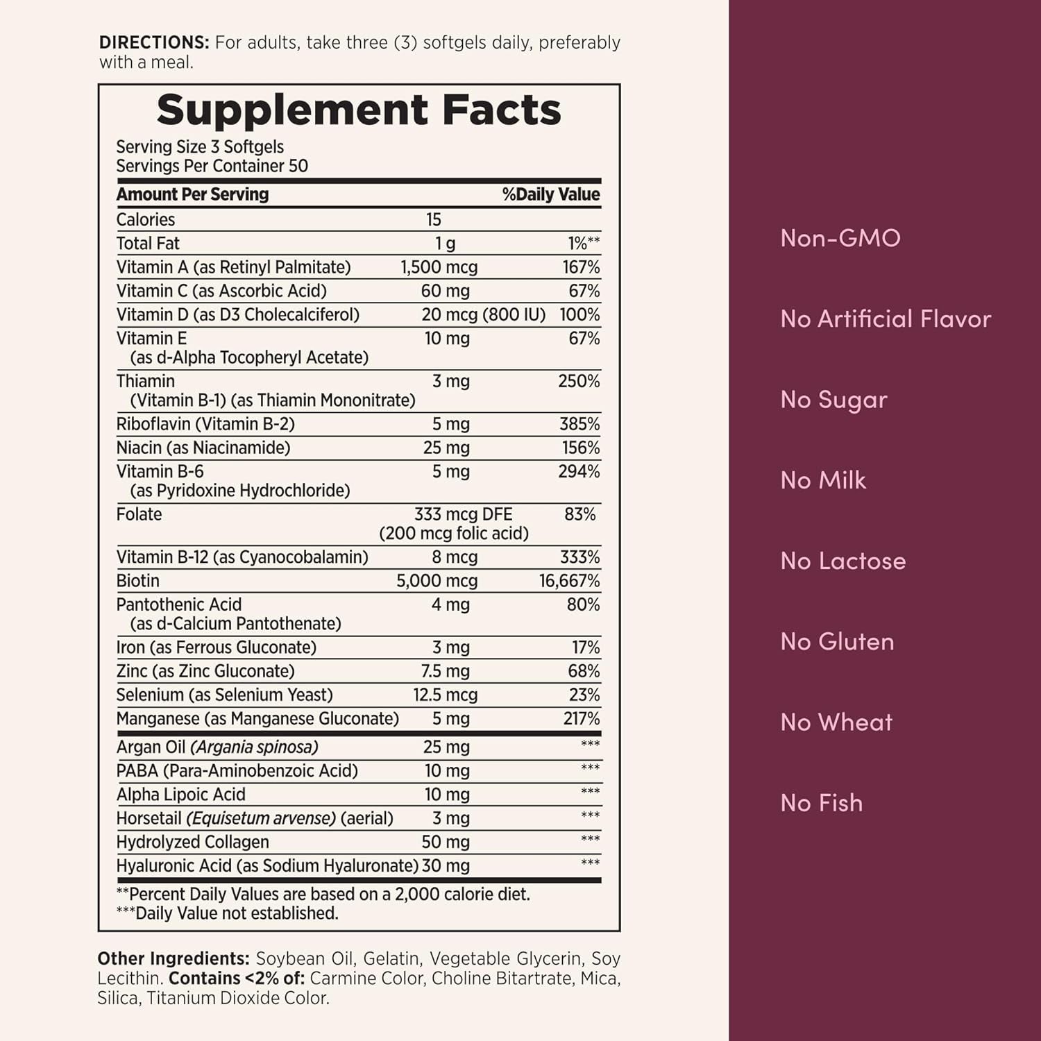 Advanced Hair, Skin & Nails, Argan-Infused Vitamin Supplement with Biotin and Hyaluronic Acid, 150 Rapid Release Softgels, 50 Total Servings