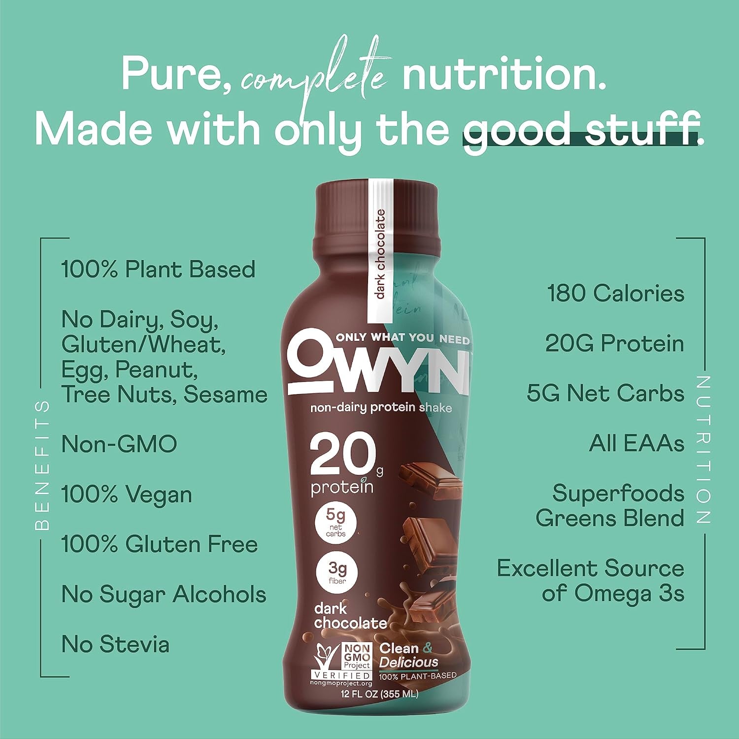 Plant Based Protein Shake, Dark Chocolate, 20G Vegan Protein from Organic Pumpkin Seed, Flax, Pea Blend, Omega-3, Prebiotic Supplements, Gluten and Soy-Free, (12 Pack)