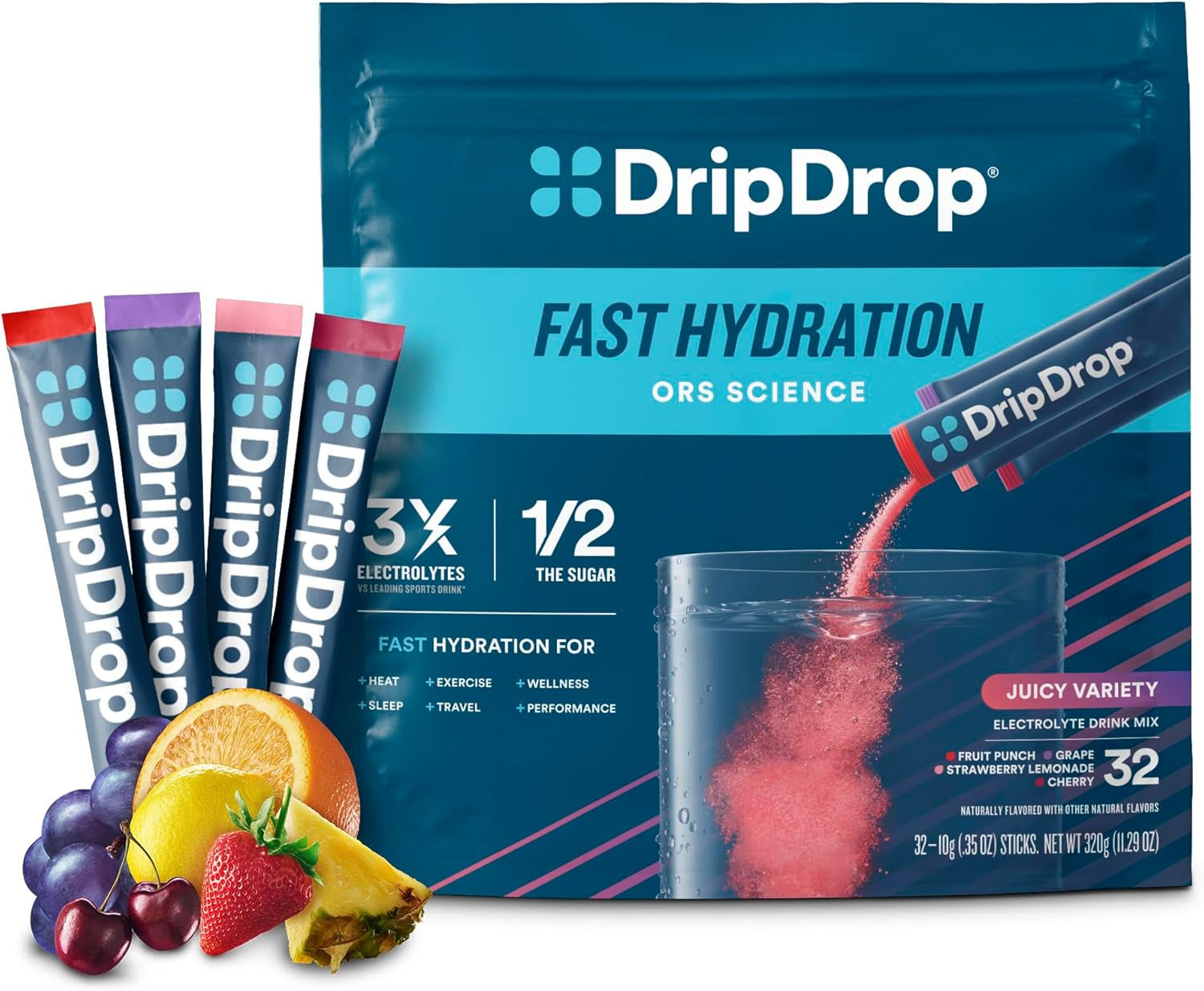 Hydration Packets - Juicy Variety Pack - Single Serve Electrolytes Powder Drink Mix - Grape, Fruit Punch, Strawberry Lemonade, Cherry - Non-Gmo, Gluten Free, Vegan - 32 Sticks