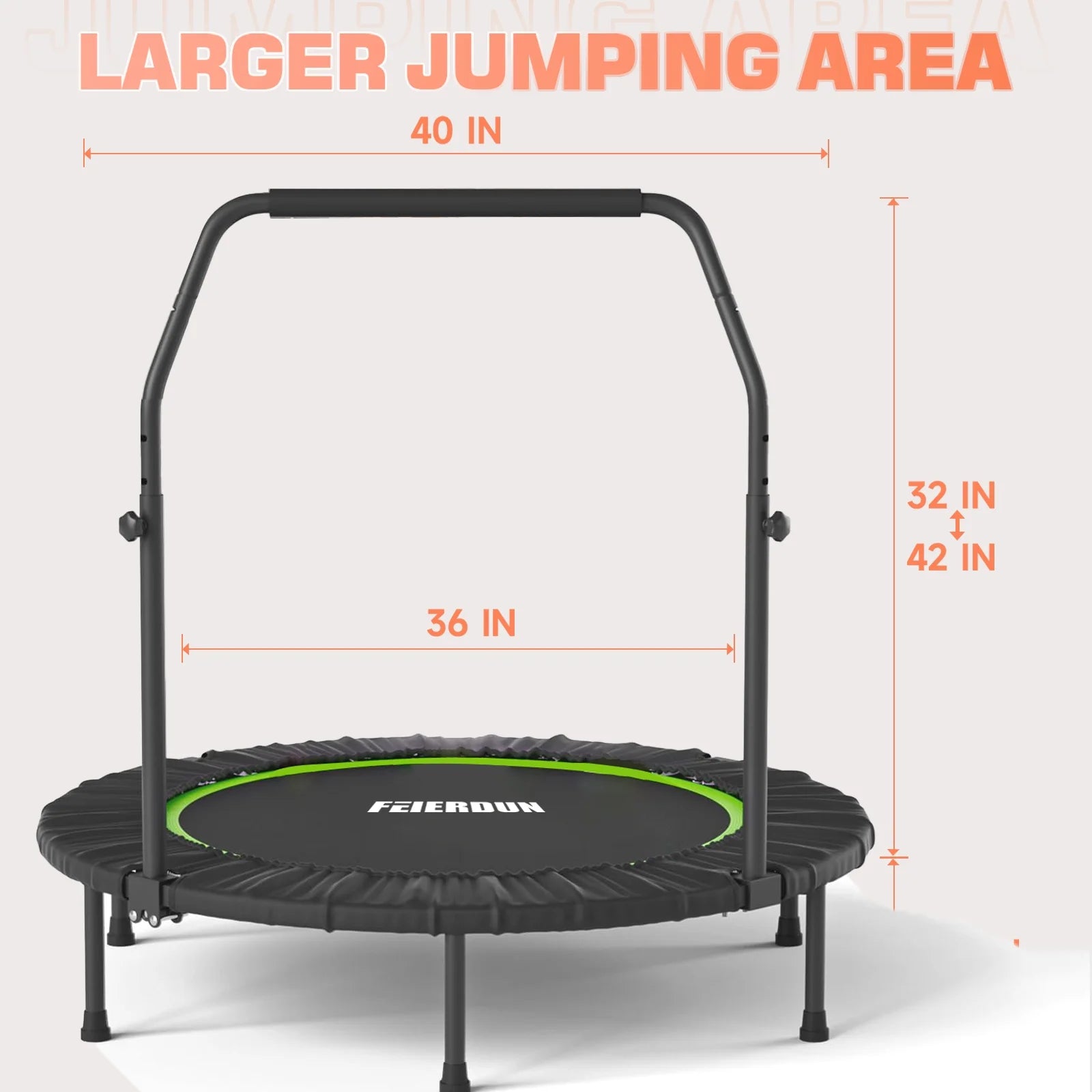 40" Foldable Trampoline, Fitness Rebounder with Adjustable Foam Handle, Exercise Trampoline for Adults/Kids Indoor/Garden Workout Max Load 330Lbs