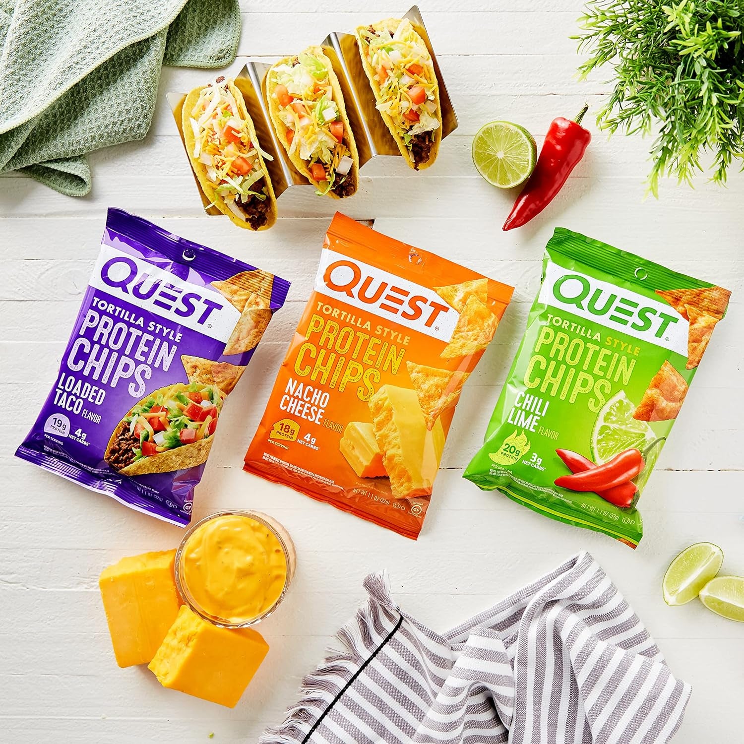 Nutrition Tortilla Style Protein Chips Variety Pack, Chili Lime, Nacho Cheese, Loaded Taco, Low Carb, High Protein, Gluten Free, 1.1 Oz (Pack of 12)