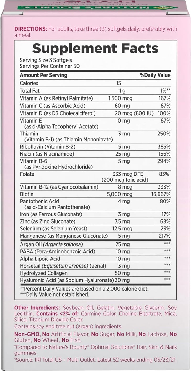 Advanced Hair, Skin & Nails, Argan-Infused Vitamin Supplement with Biotin and Hyaluronic Acid, 150 Rapid Release Softgels, 50 Total Servings