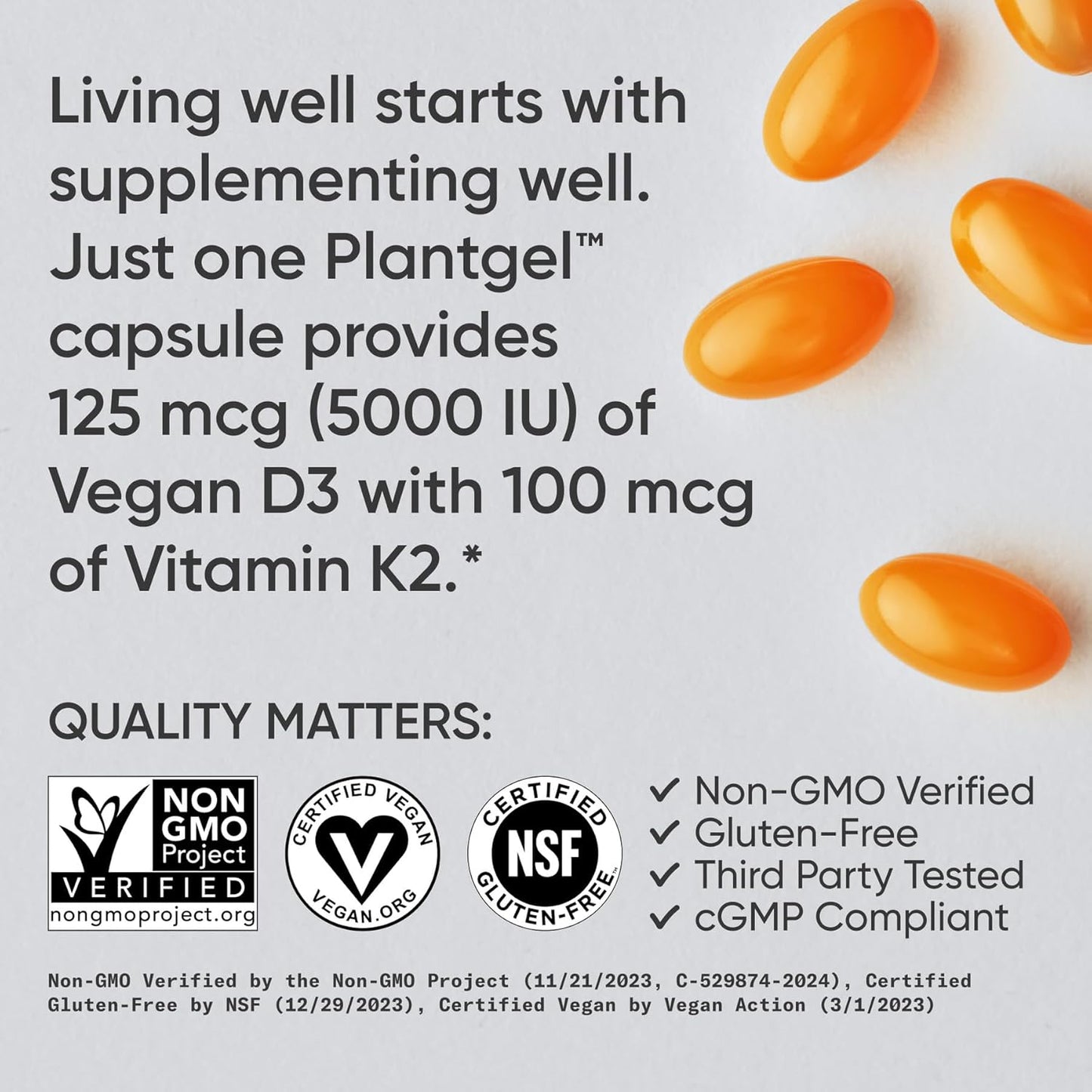 Vitamin D3 with K2 Softgels - Plant Based K2 & Vegan D3 5000Iu with Coconut MCT Oil - Vegan Certified, Soy & Gluten Free - 120 Count