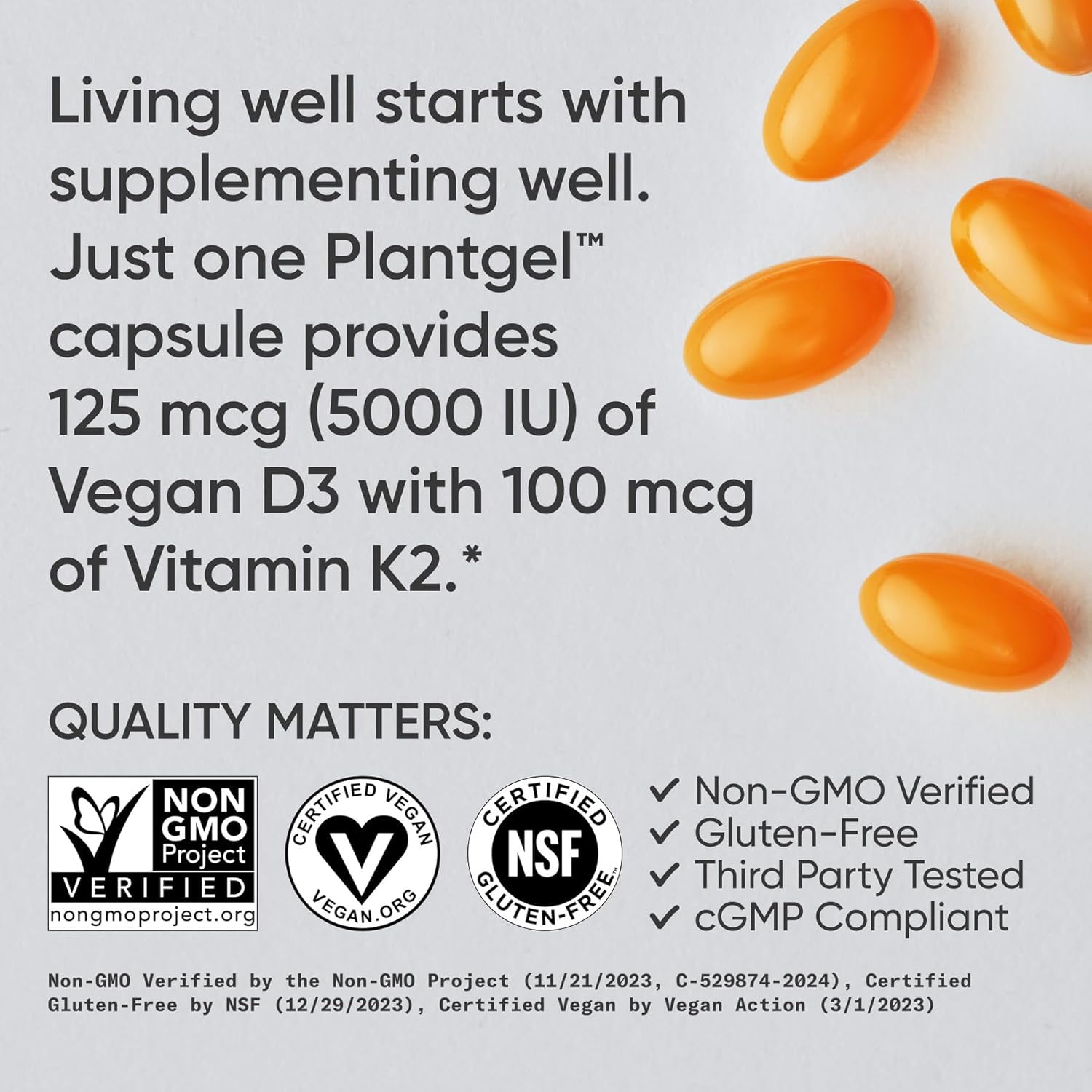 Vitamin D3 with K2 Softgels - Plant Based K2 & Vegan D3 5000Iu with Coconut MCT Oil - Vegan Certified, Soy & Gluten Free - 120 Count