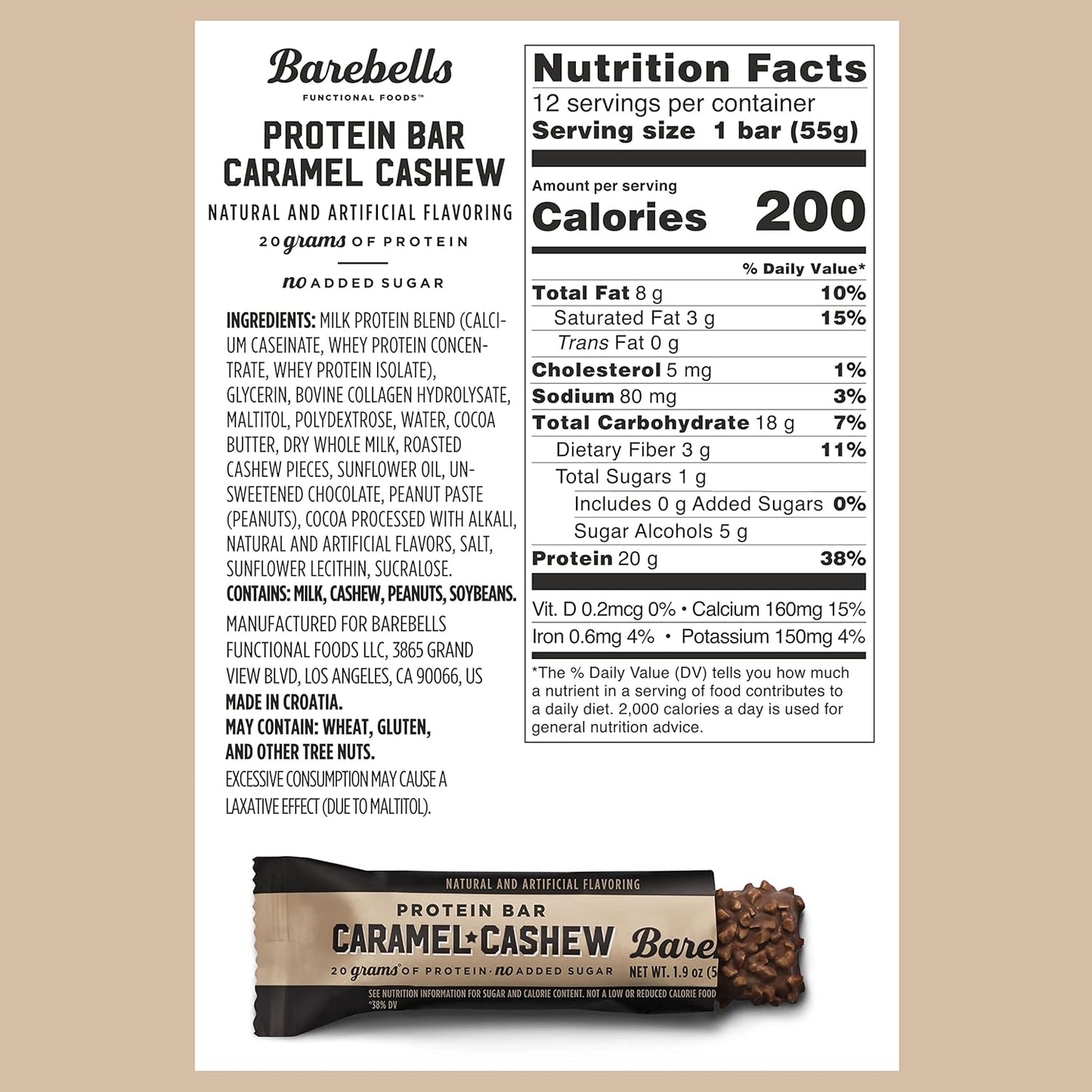 Protein Bars Caramel Cashew - 12 Count, Pack of 2 - Protein Snacks with 20G of High Protein - Chocolate Protein Bar with 1G of Total Sugars - Perfect on the Go Protein Snack & Breakfast Bars
