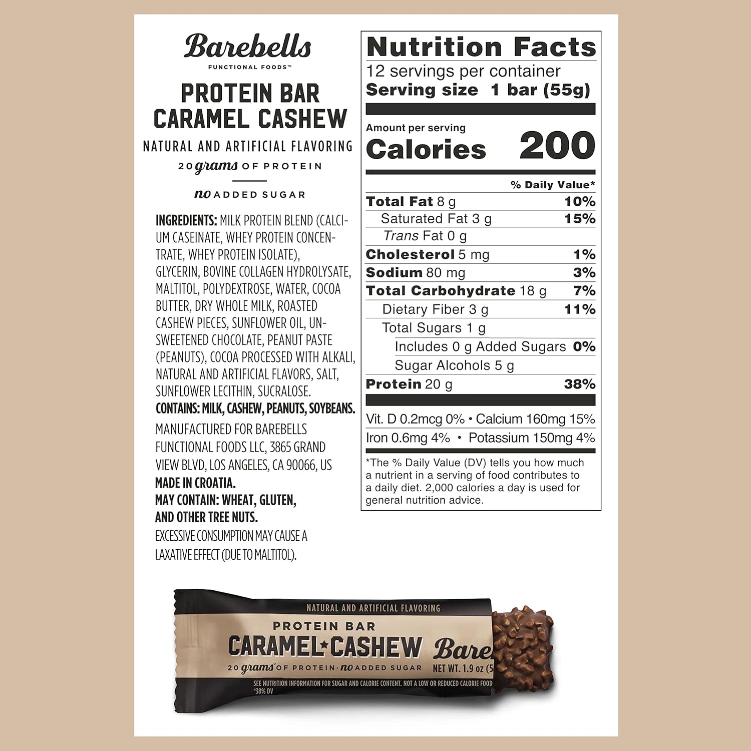 Protein Bars Caramel Cashew - 12 Count, Pack of 2 - Protein Snacks with 20G of High Protein - Chocolate Protein Bar with 1G of Total Sugars - Perfect on the Go Protein Snack & Breakfast Bars