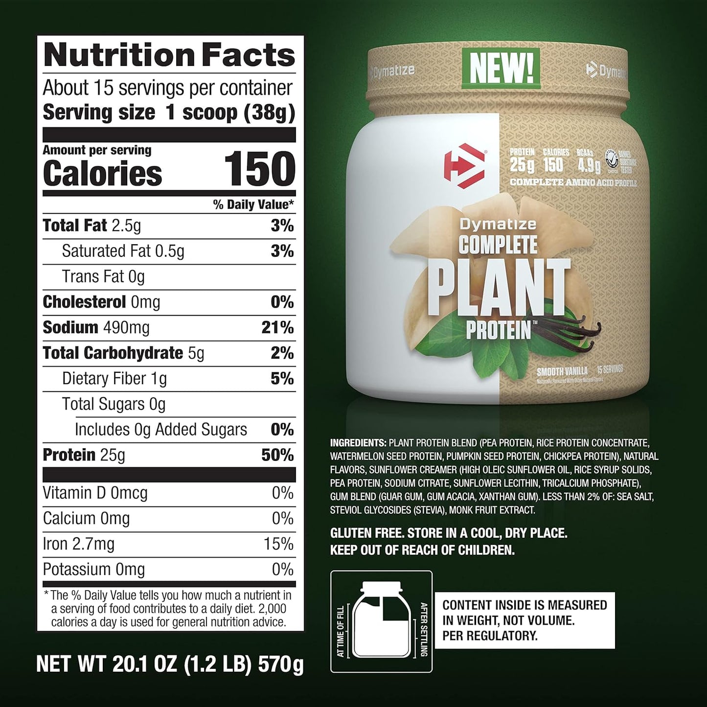 Vegan Plant Protein, Smooth Vanilla, 25G Protein, 4.8G Bcaas, Complete Amino Acid Profile, 15 Servings