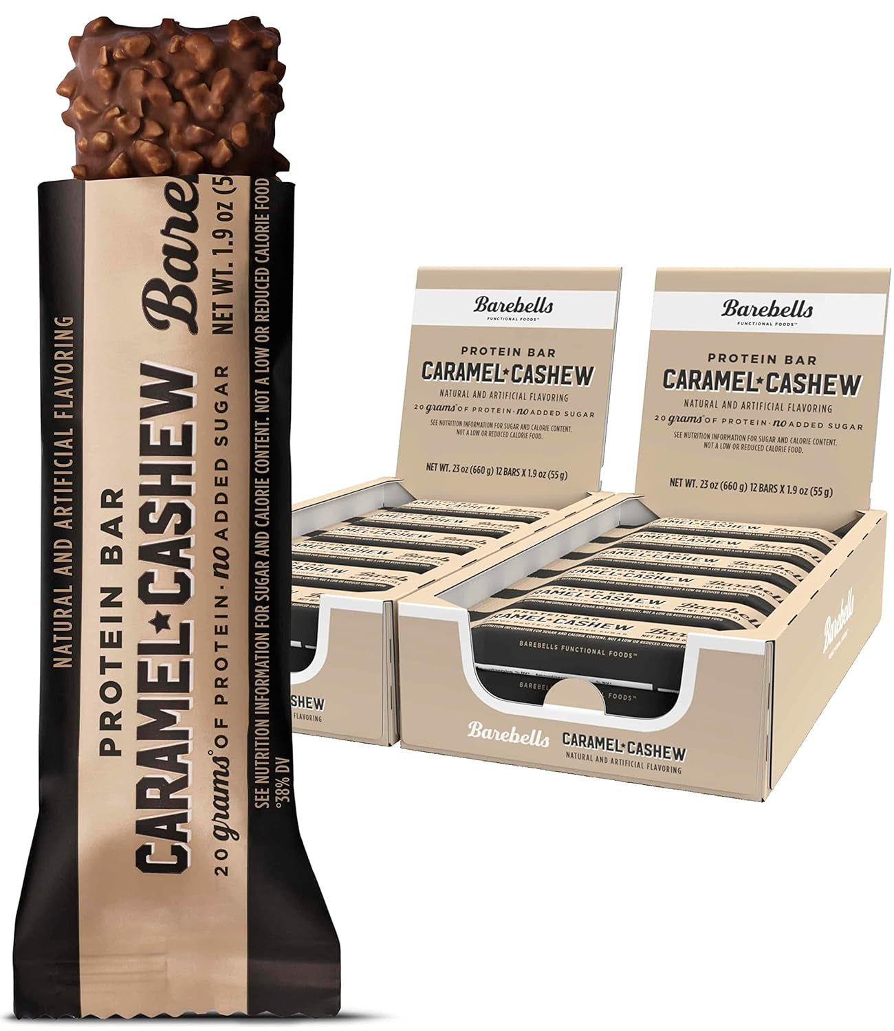 Protein Bars Caramel Cashew - 12 Count, Pack of 2 - Protein Snacks with 20G of High Protein - Chocolate Protein Bar with 1G of Total Sugars - Perfect on the Go Protein Snack & Breakfast Bars