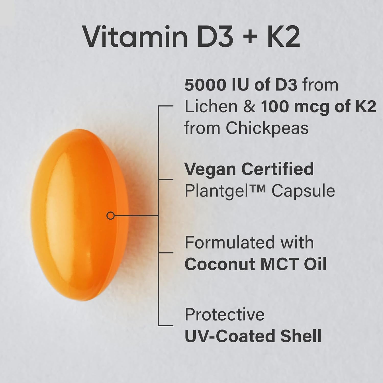 Vitamin D3 with K2 Softgels - Plant Based K2 & Vegan D3 5000Iu with Coconut MCT Oil - Vegan Certified, Soy & Gluten Free - 120 Count