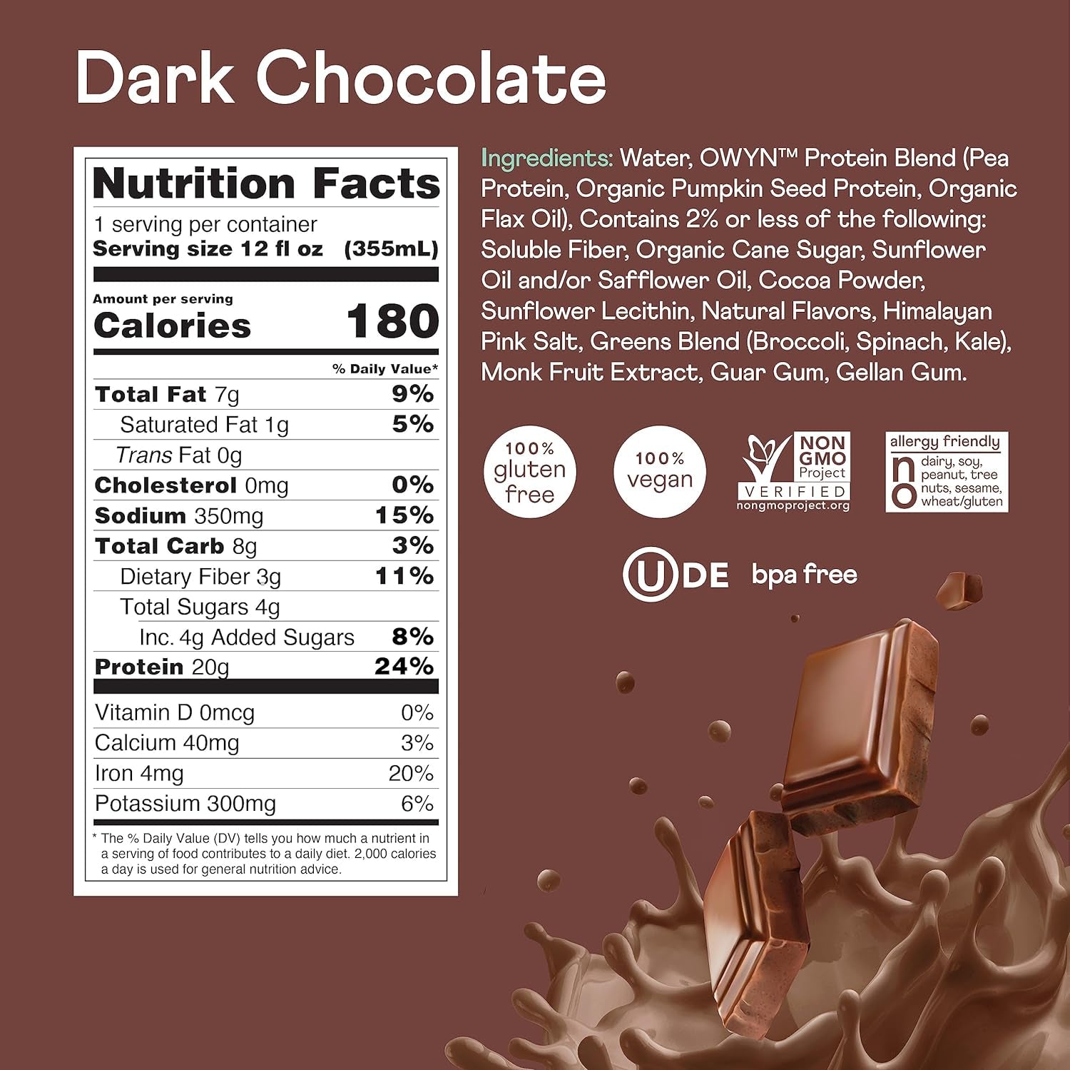 Plant Based Protein Shake, Dark Chocolate, 20G Vegan Protein from Organic Pumpkin Seed, Flax, Pea Blend, Omega-3, Prebiotic Supplements, Gluten and Soy-Free, (12 Pack)