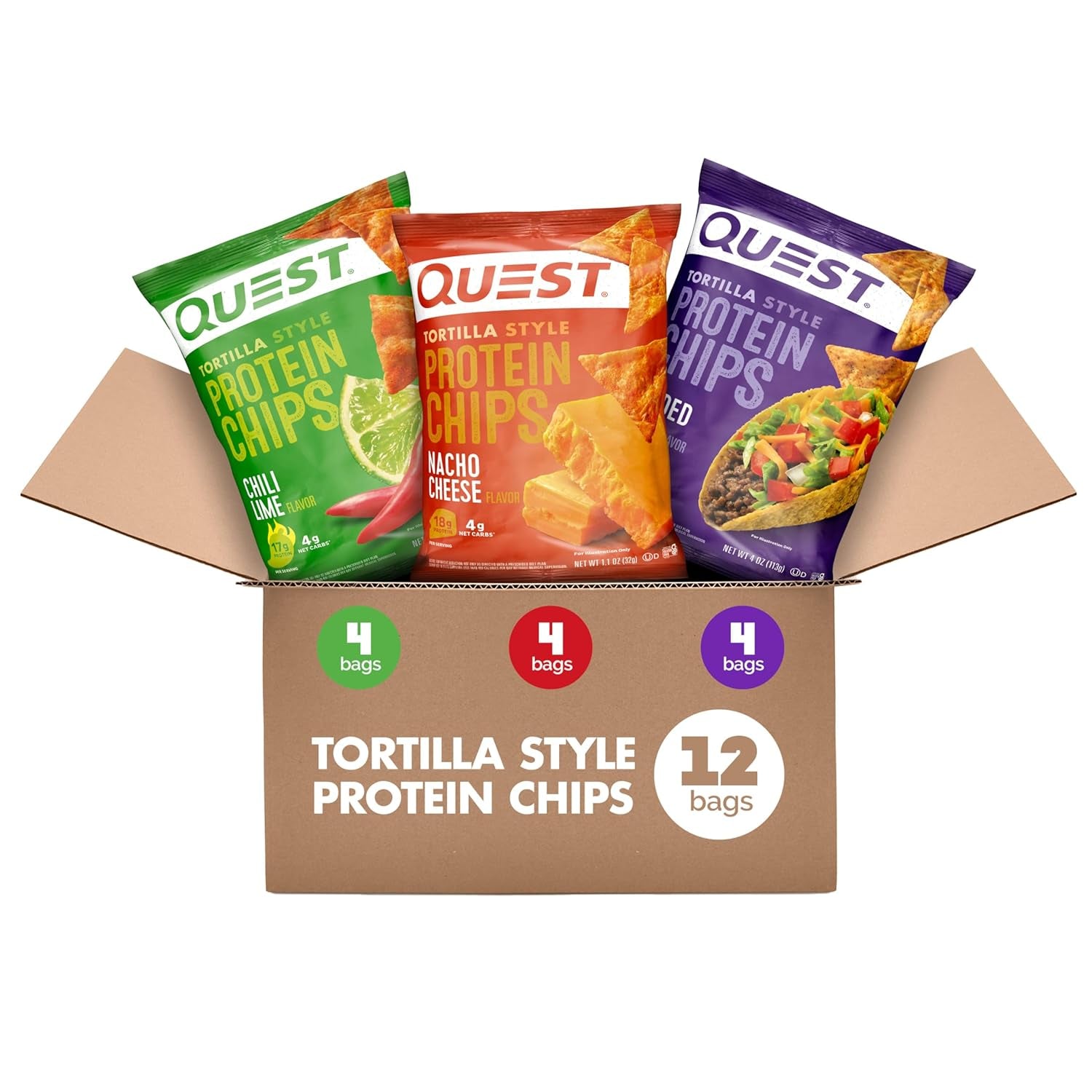 Nutrition Tortilla Style Protein Chips Variety Pack, Chili Lime, Nacho Cheese, Loaded Taco, Low Carb, High Protein, Gluten Free, 1.1 Oz (Pack of 12)