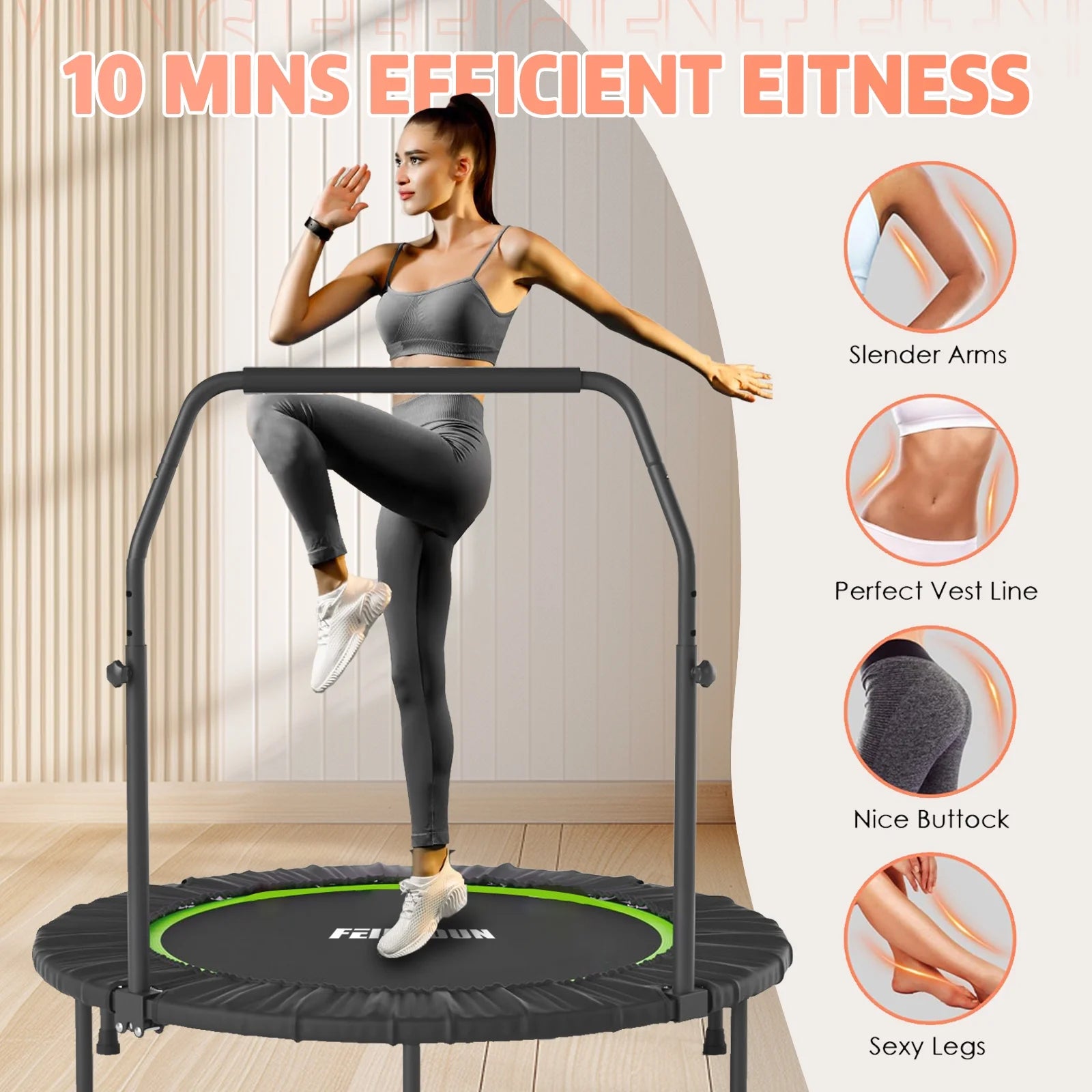40" Foldable Trampoline, Fitness Rebounder with Adjustable Foam Handle, Exercise Trampoline for Adults/Kids Indoor/Garden Workout Max Load 330Lbs