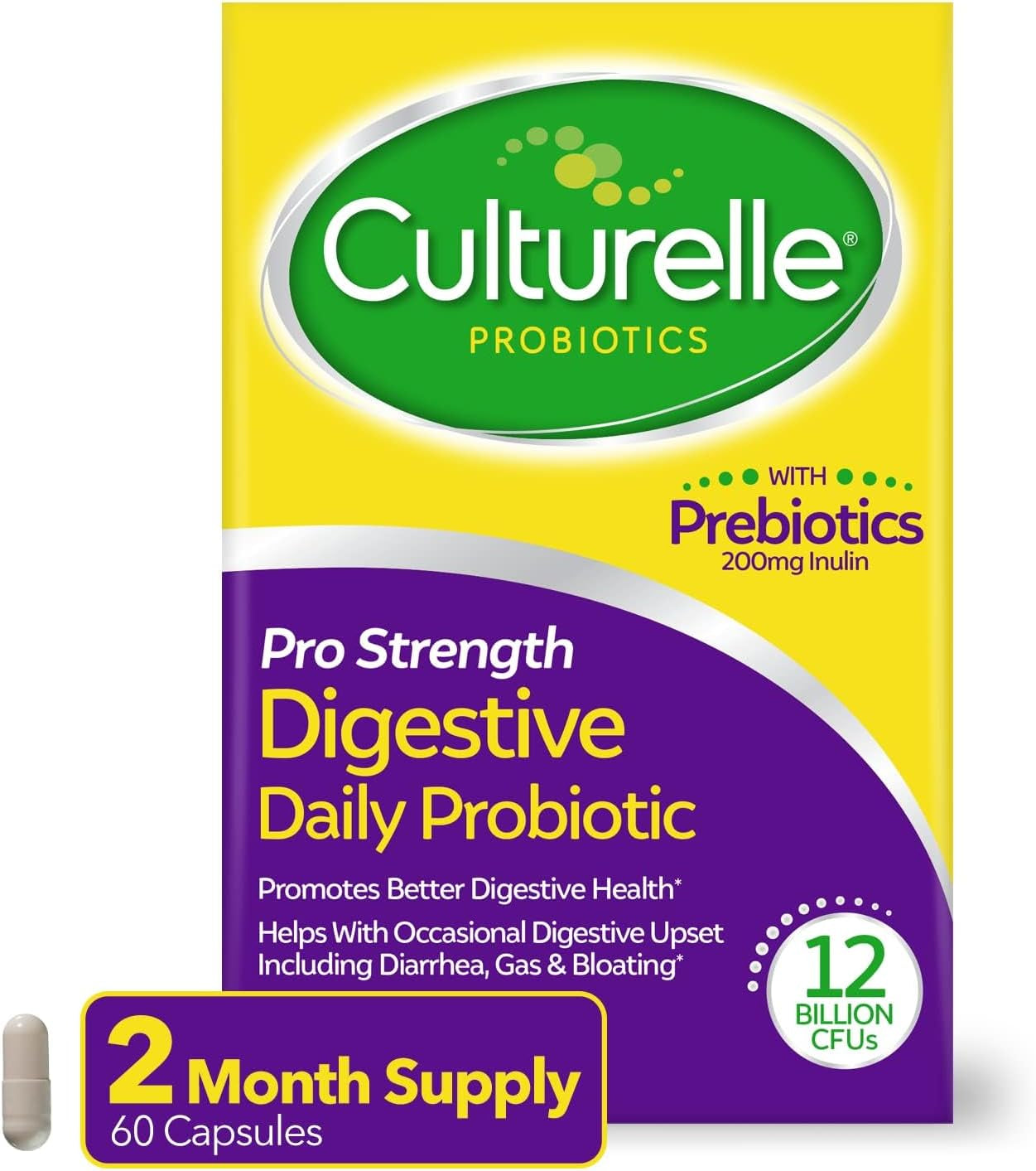 Pro Strength Daily Probiotics for Digestive Health (2 Month Supply) with Prebiotics for Women & Men, Supports Occasional Diarrhea, Gas & Bloating, Gluten & Soy Free, 60 Count
