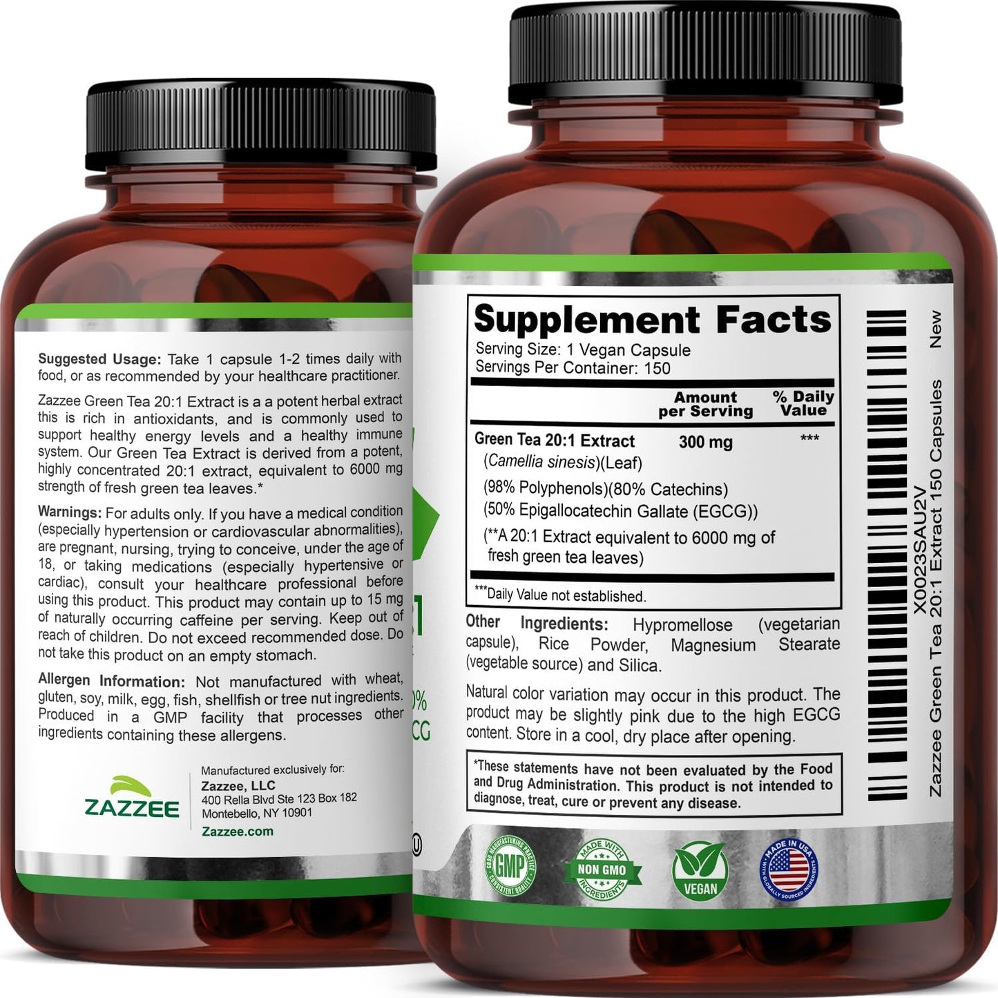 Extra Strength Green Tea 20:1 Extract, 6000 Mg Strength, 50% EGCG, 98% Polyphenols and 80% Catcehins, 150 Vegan Capsules, 5 Month Supply, Standardized and Concentrated 20X Potency, Non-Gmo