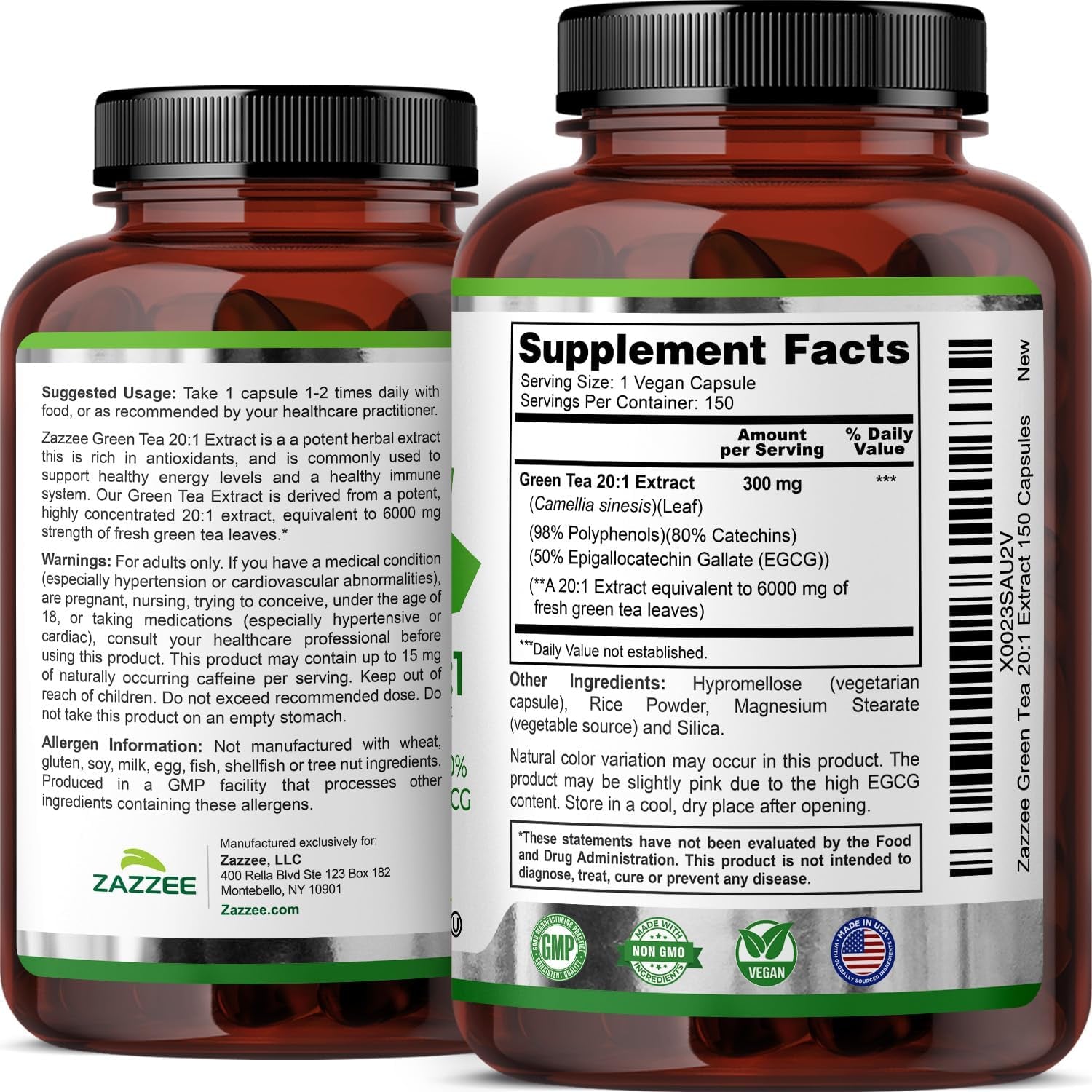 Extra Strength Green Tea 20:1 Extract, 6000 Mg Strength, 50% EGCG, 98% Polyphenols and 80% Catcehins, 150 Vegan Capsules, 5 Month Supply, Standardized and Concentrated 20X Potency, Non-Gmo