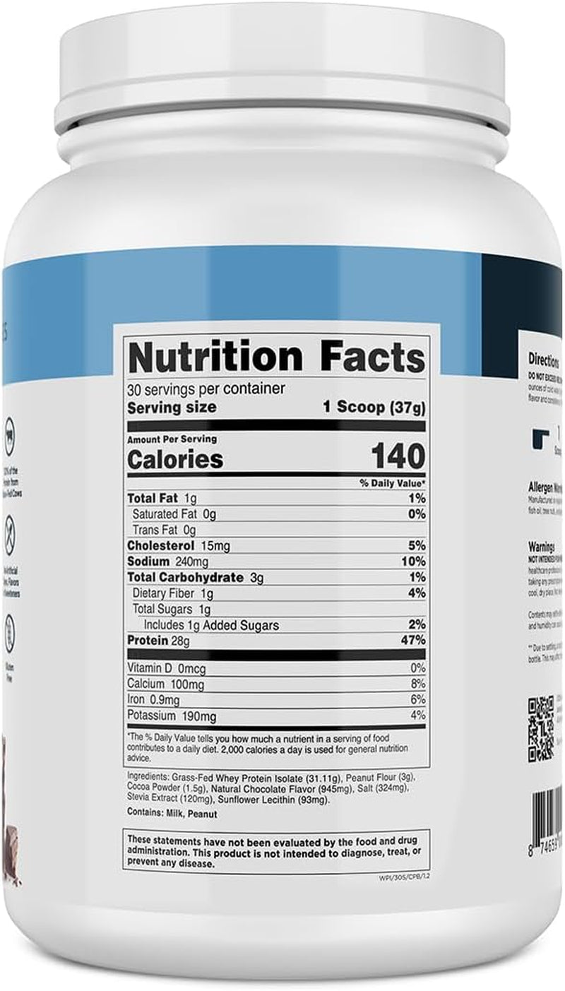 Grass-Fed Whey Protein Isolate - Naturally Flavored, Gluten Free Whey Protein Powder with 28G of Protein per Serving & 9 Amino Acids - 30 Servings, Chocolate Peanut Butter