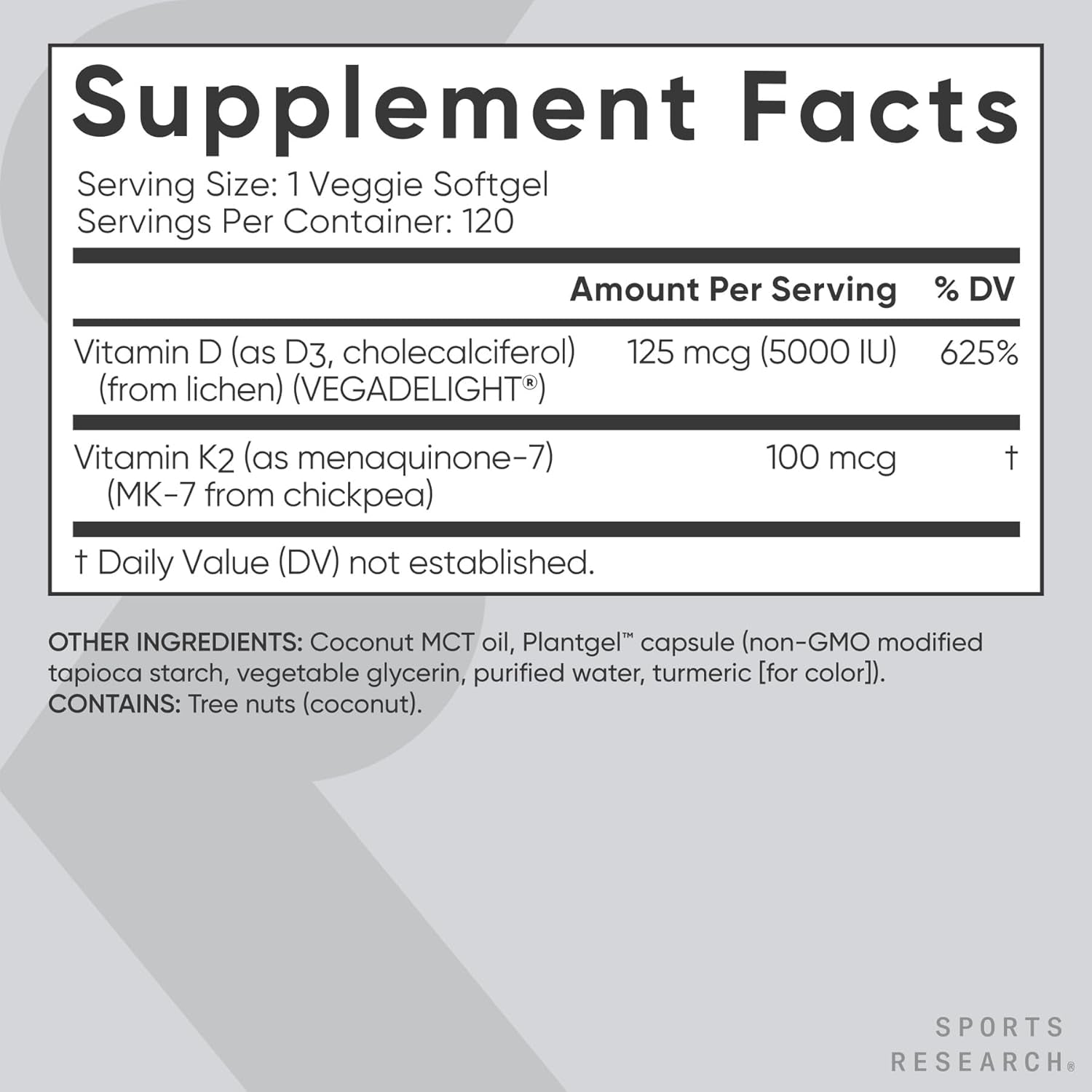 Vitamin D3 with K2 Softgels - Plant Based K2 & Vegan D3 5000Iu with Coconut MCT Oil - Vegan Certified, Soy & Gluten Free - 120 Count