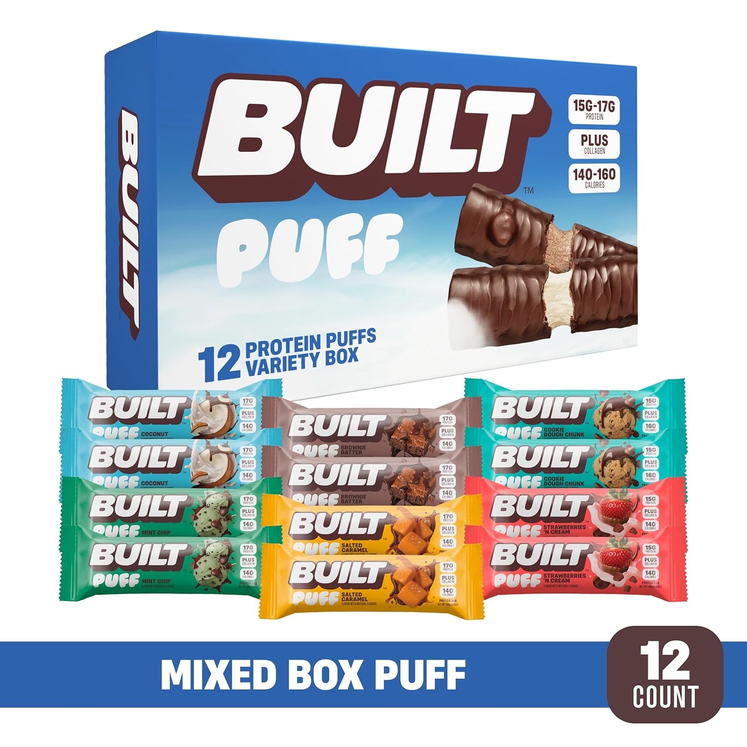 , Puff Protein Bars, Variety Pack, Collagen, On-The-Go Snacks, Breakfast Bar, Mixed Sampler, 12 Pack