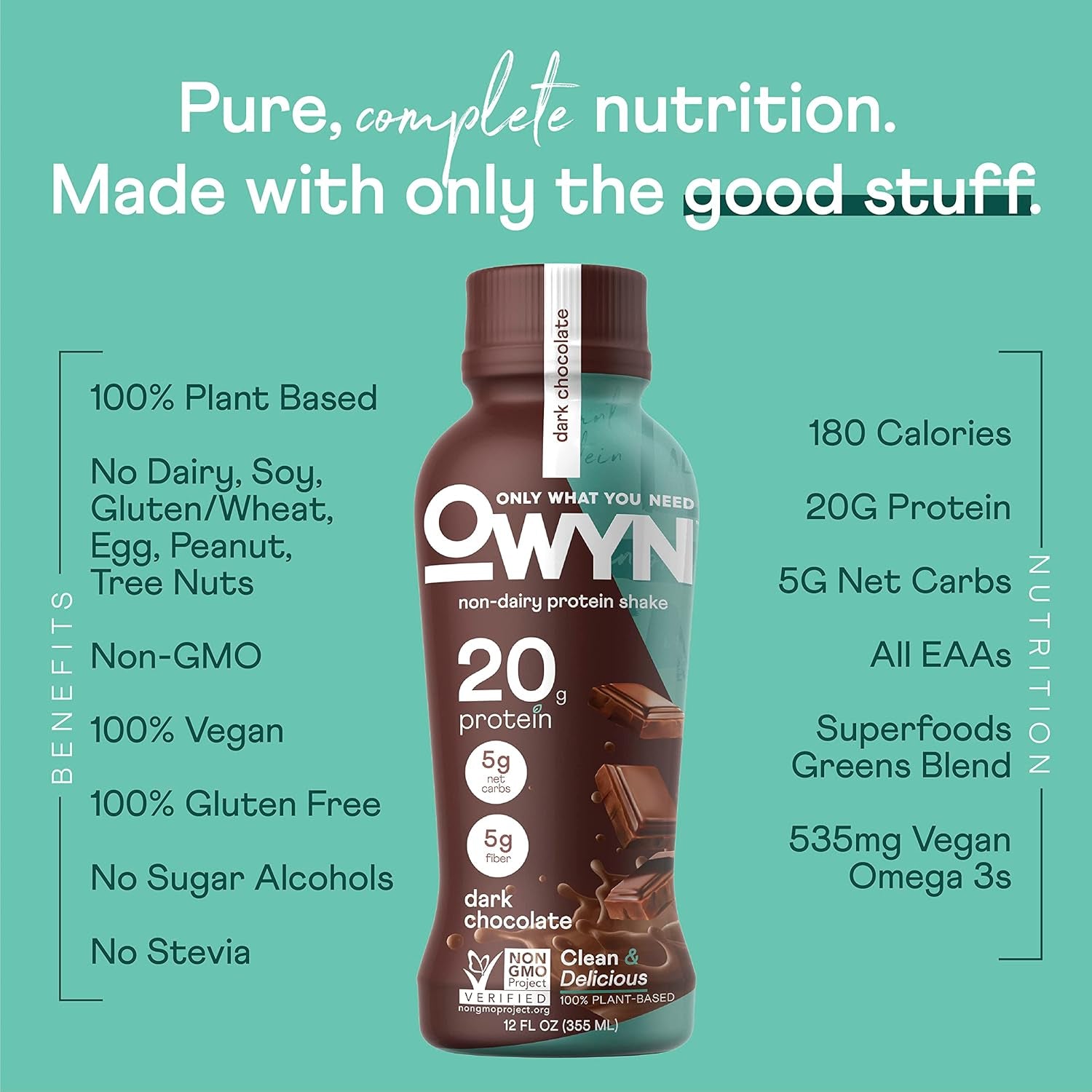 Plant Based Protein Shake, Dark Chocolate, 20G Vegan Protein from Organic Pumpkin Seed, Flax, Pea Blend, Omega-3, Prebiotic Supplements, Gluten and Soy-Free, (12 Pack)